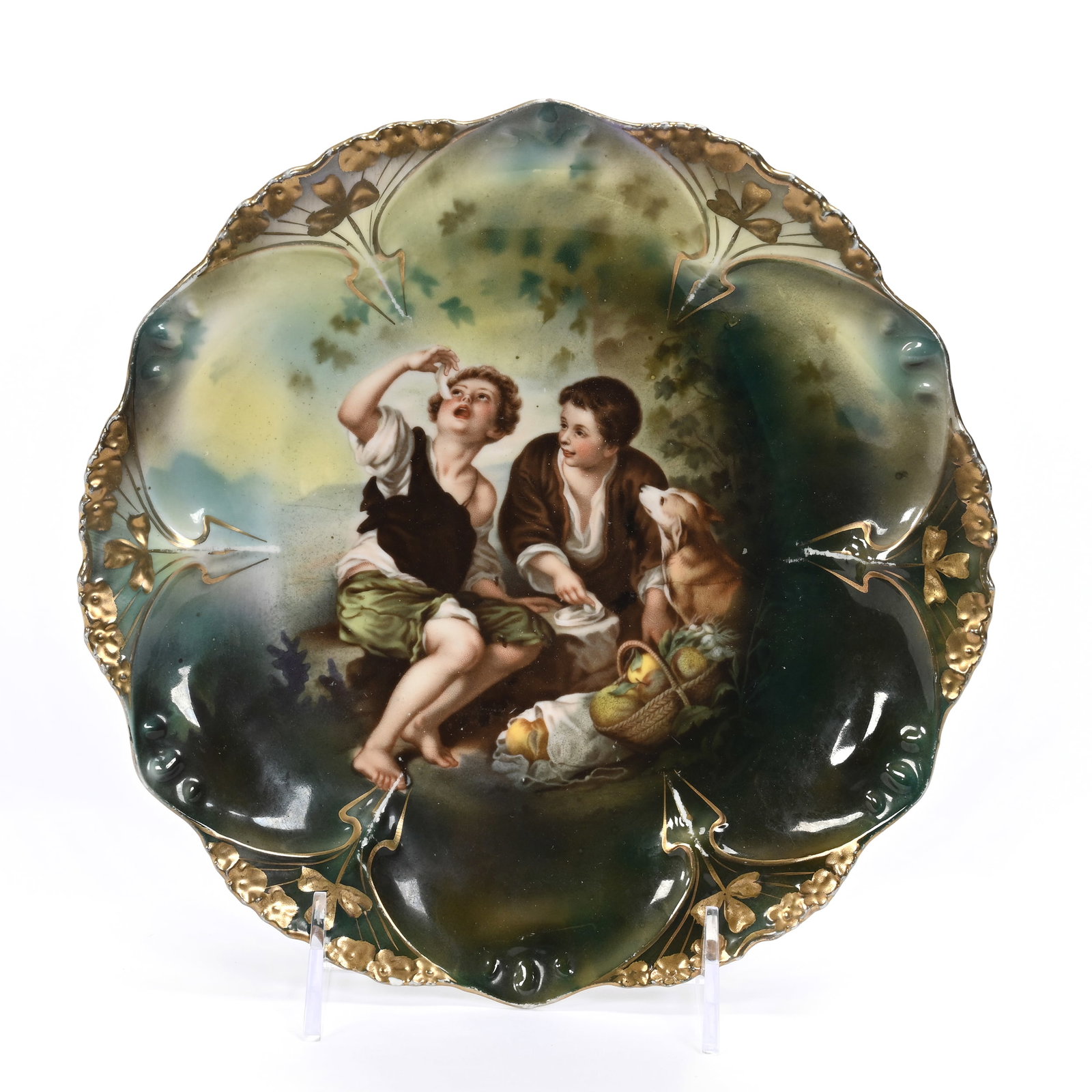 Plate Marked R.S. Prussia: Plate Marked R.S. Prussia, 8.5", Point And Clover Mold, Melon Eater Scenic Decor, Green Tones, Gold Trim Highlights, Virginia Private Collection.