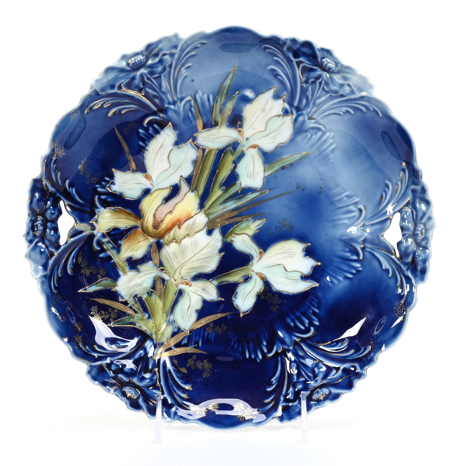 Cake Plate, Unmarked R.S. Prussia: Cake Plate, Unmarked R.S. Prussia, 10.25", Lily Mold, Cobalt Blue With Stylized Iris Decor, Virginia Private Collection.