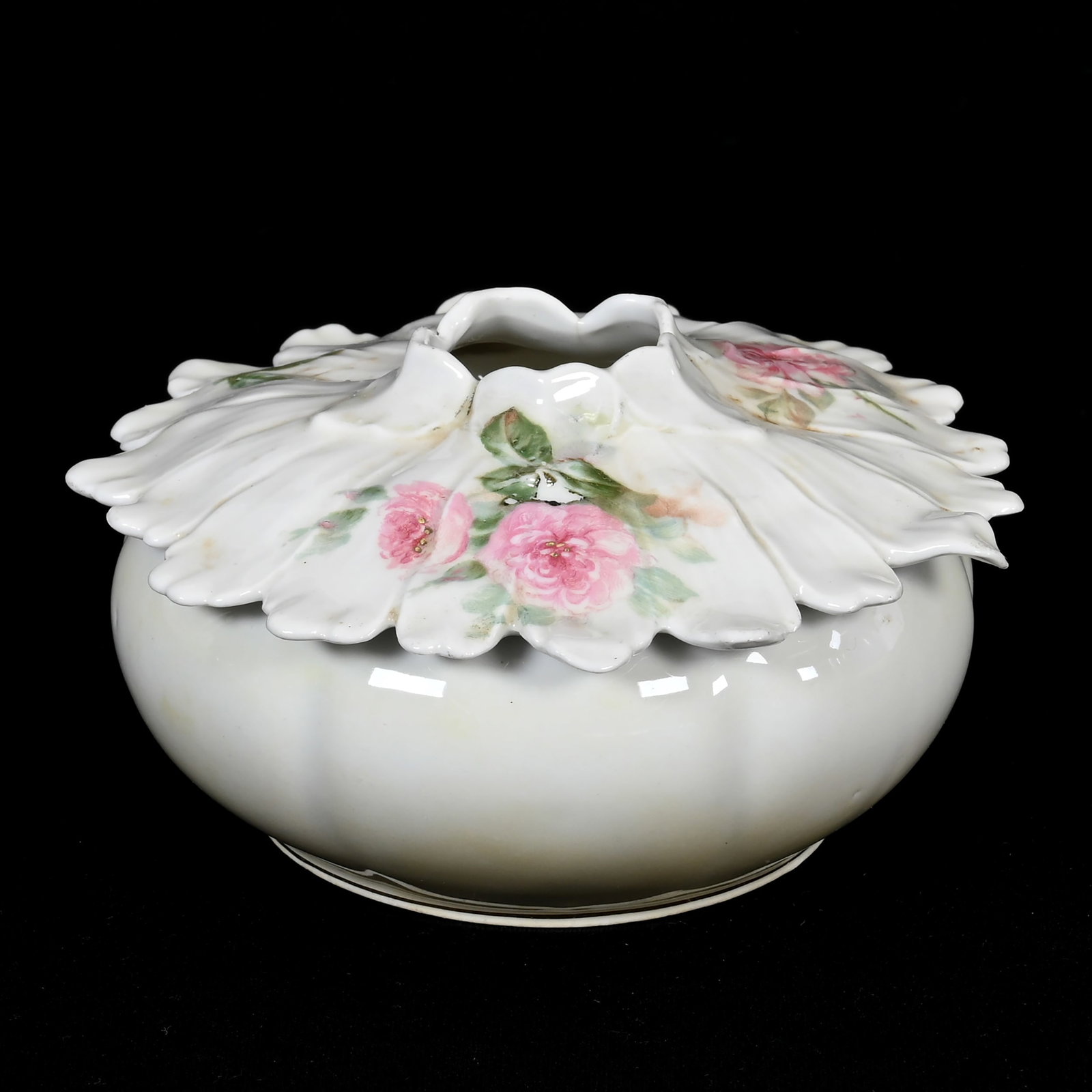 Hair Receiver Marked R.S. Prussia: Hair Receiver Marked R.S. Prussia, 2.75" x 4.75", White And Cream Luster With Pink Rose Decor, Virginia Private Collection.