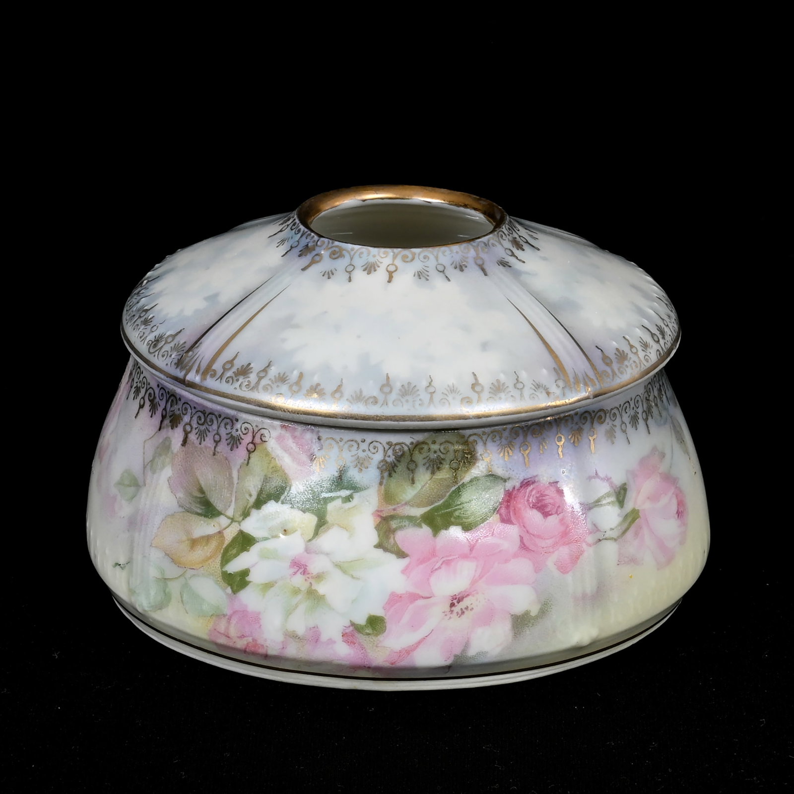 Hair Receiver Marked R.S. Prussia: Hair Receiver Marked R.S. Prussia, 2.5" x 3.5", White And Tiffany Satin Finish, Floral Decor, Gold Stencil Highlights, Virginia Private Collection.