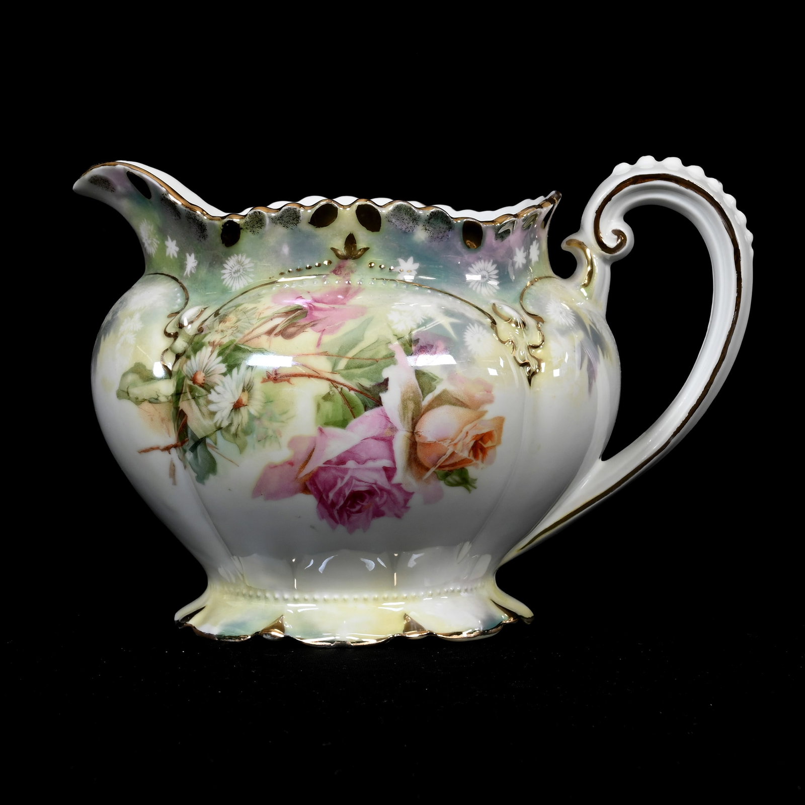 Pitcher Marked R.S. Prussia: Pitcher Marked R.S. Prussia, 6" x 8.75", White And Green And Yellow Luster Finish, Rose And Daisy Decor, Gold Trim Highlights, Virginia Private Collection.