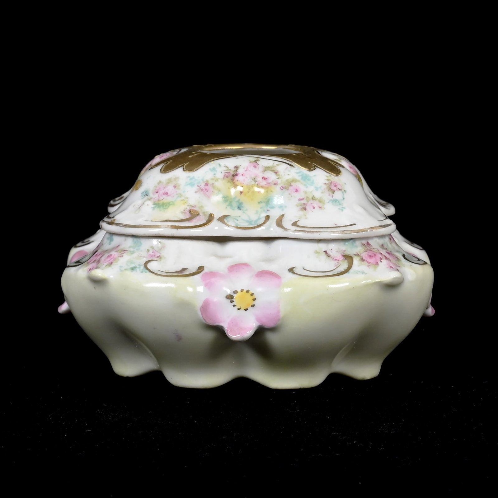 Hair Receiver Marked R.S. Prussia: Hair Receiver Marked R.S. Prussia, 2.75" x 4", Yellow And White, Pink Floral Decor, Gold Trim Highlights, Virginia Private Collection.