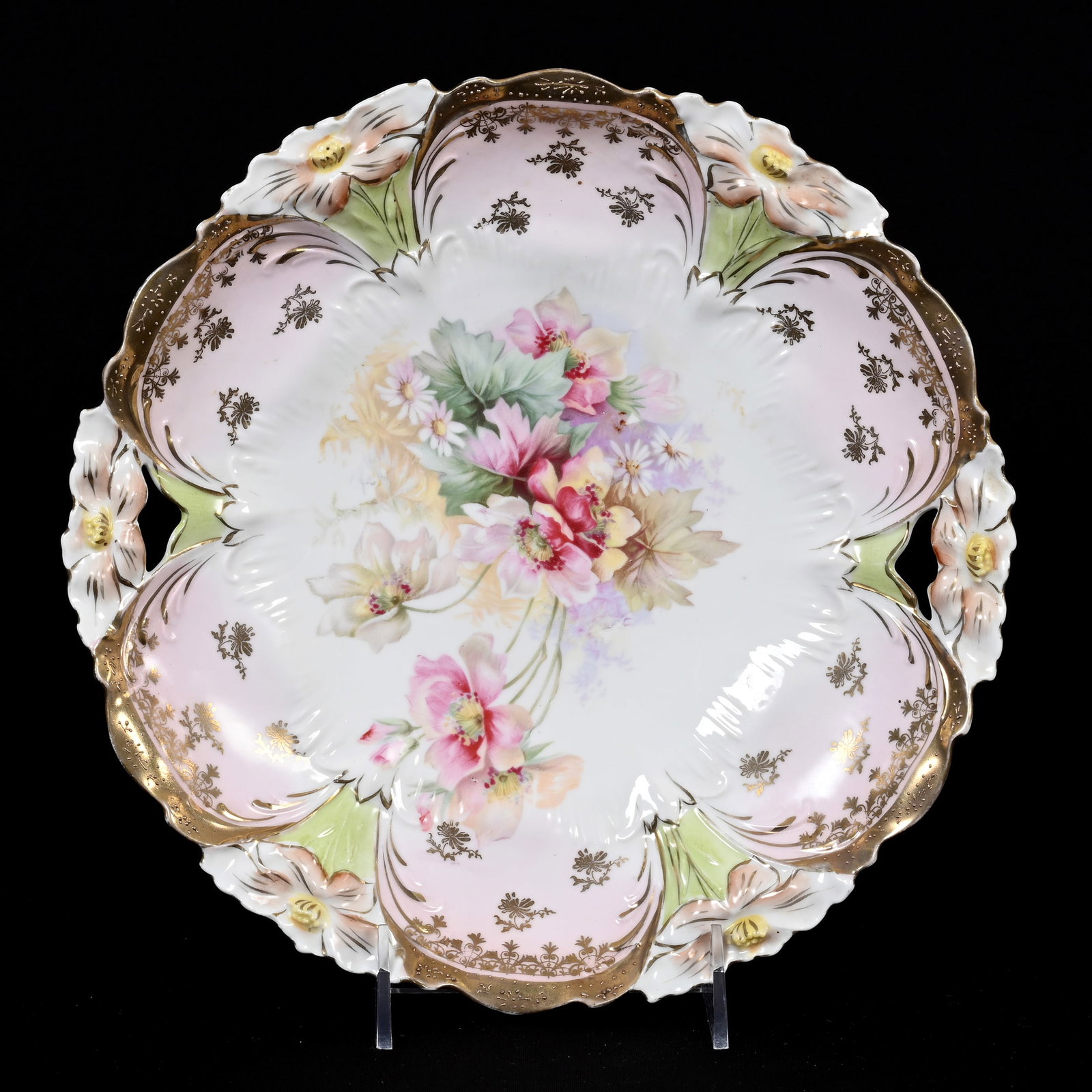 Cake Plate, Unmarked R.S. Prussia: Cake Plate, Unmarked R.S. Prussia, 10.5", Lily Mold, Pink And White With Wild Floral Decor, Gold Stencil And Trim Highlights, Virginia Private Collection.