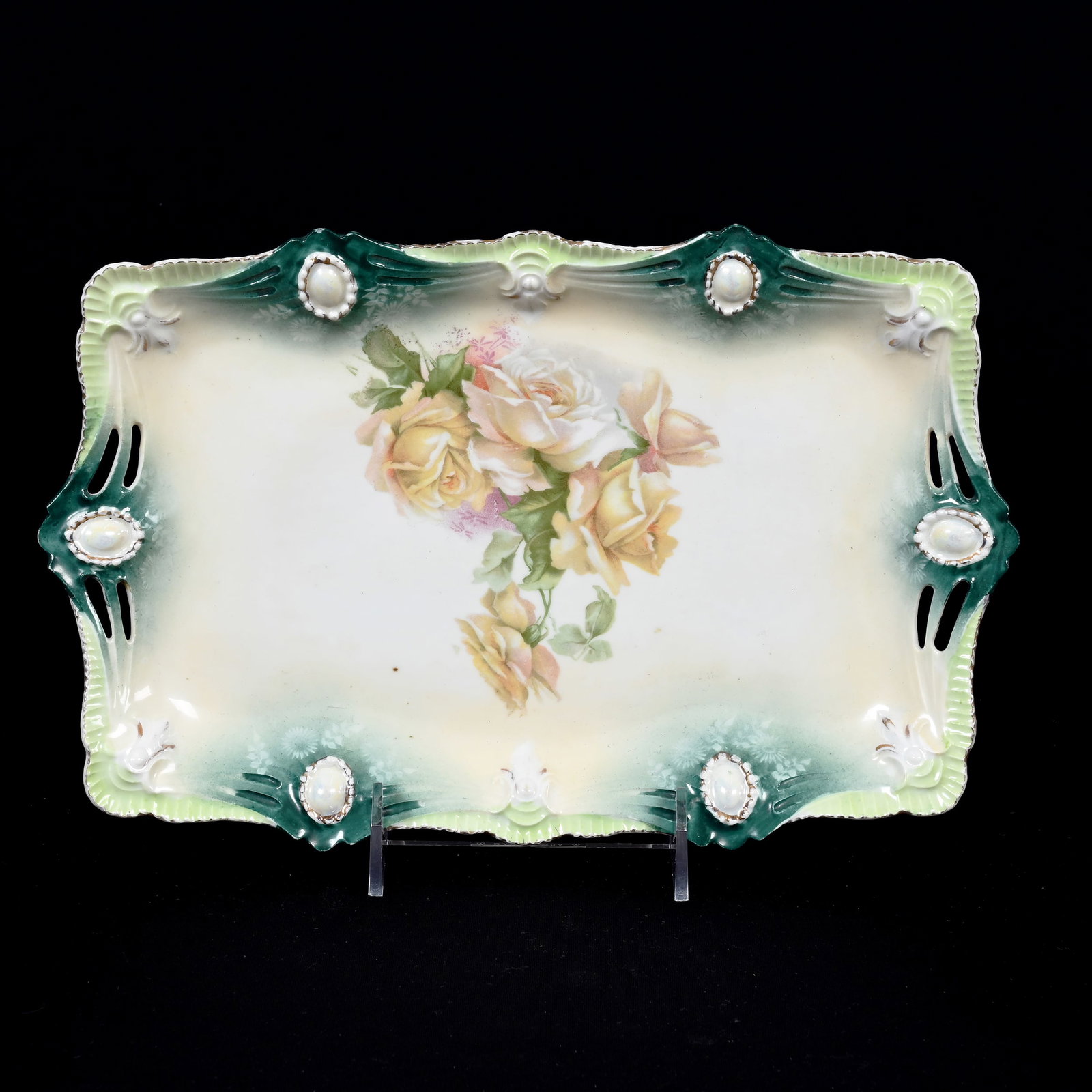 Dresser Tray Marked R.S. Prussia: Dresser Tray Marked R.S. Prussia, 12" x 7.5", Ribbon And Jewel Mold, Cream, White And Green Tones, Rose Decor, Opal Jewel Highlights, Minor Rim Nick, Virginia Private Collection.