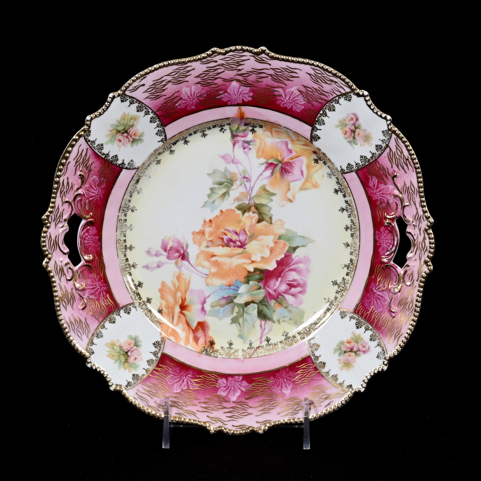 Cake Plate, Unmarked R.S. Prussia: Cake Plate, Unmarked R.S. Prussia, 10.25", Mold #343, Yellow And White Center, Rose Decor, Pink Border, Gold Stencil Highlights, Virginia Private Collection.