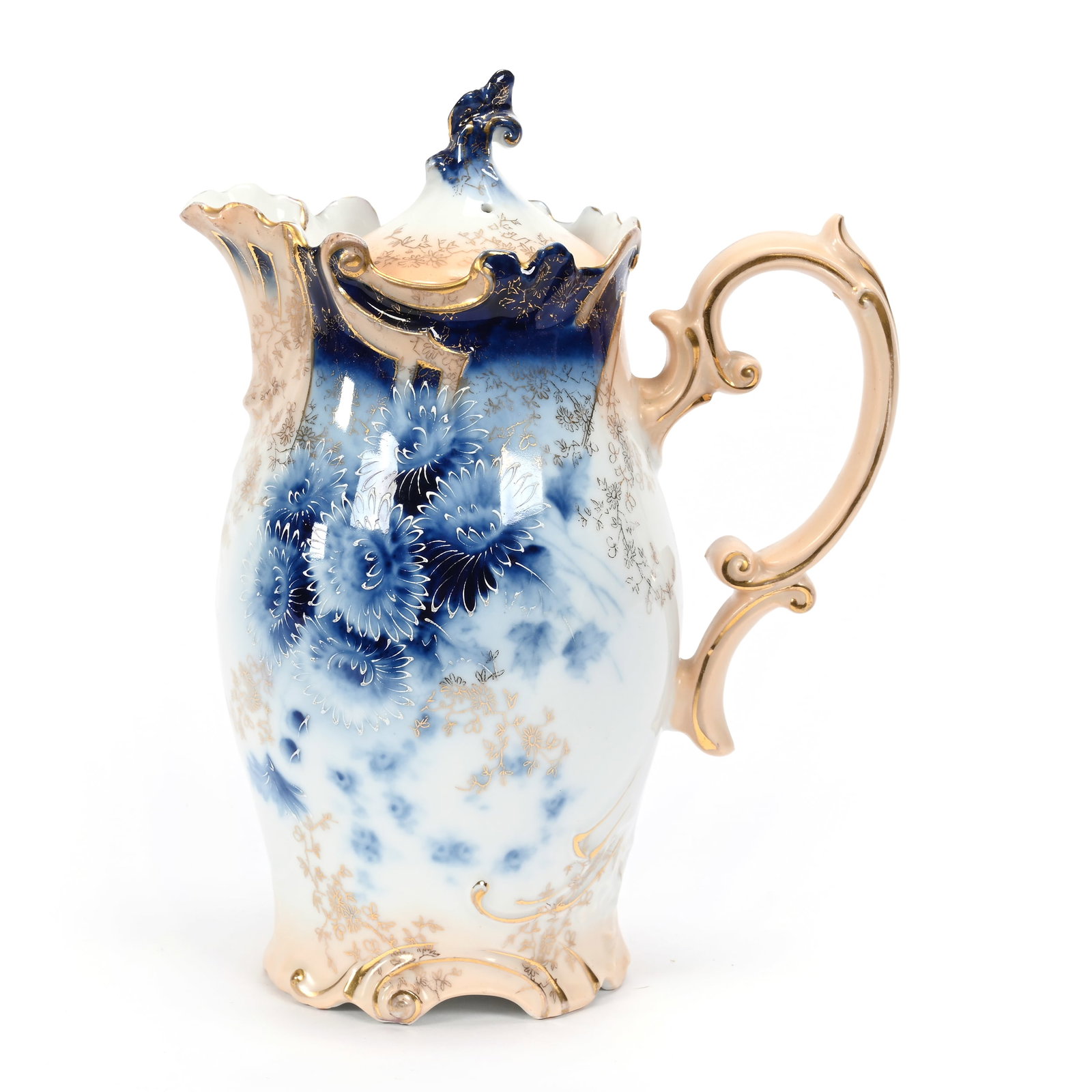 Chocolate Pot, Unmarked R.S. Prussia: Chocolate Pot, Unmarked R.S. Prussia, 8" x 6.25", Cobalt Blue, Peach And White Tones, Floral Decor, Gold Stencil Highlights, Spout Nick, Lee & Carol Marple Collection.