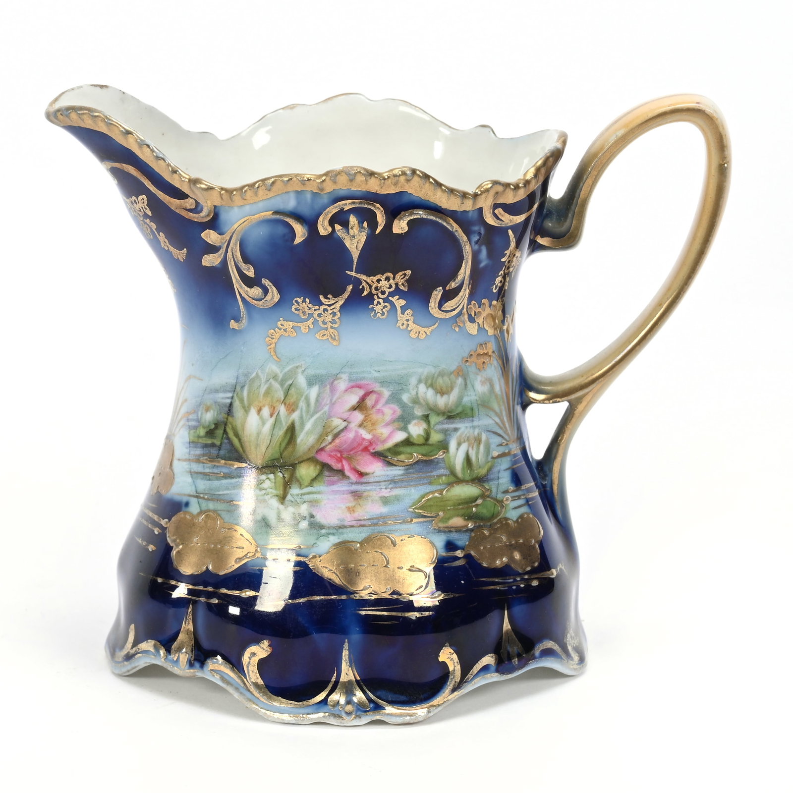 Creamer Marked Wheelock Prussia: Creamer Marked Wheelock Prussia, 4" x 4.5", Cobalt Blue, Waterlily Decor, Small Base Chip, Lee & Carol Marple Collection.