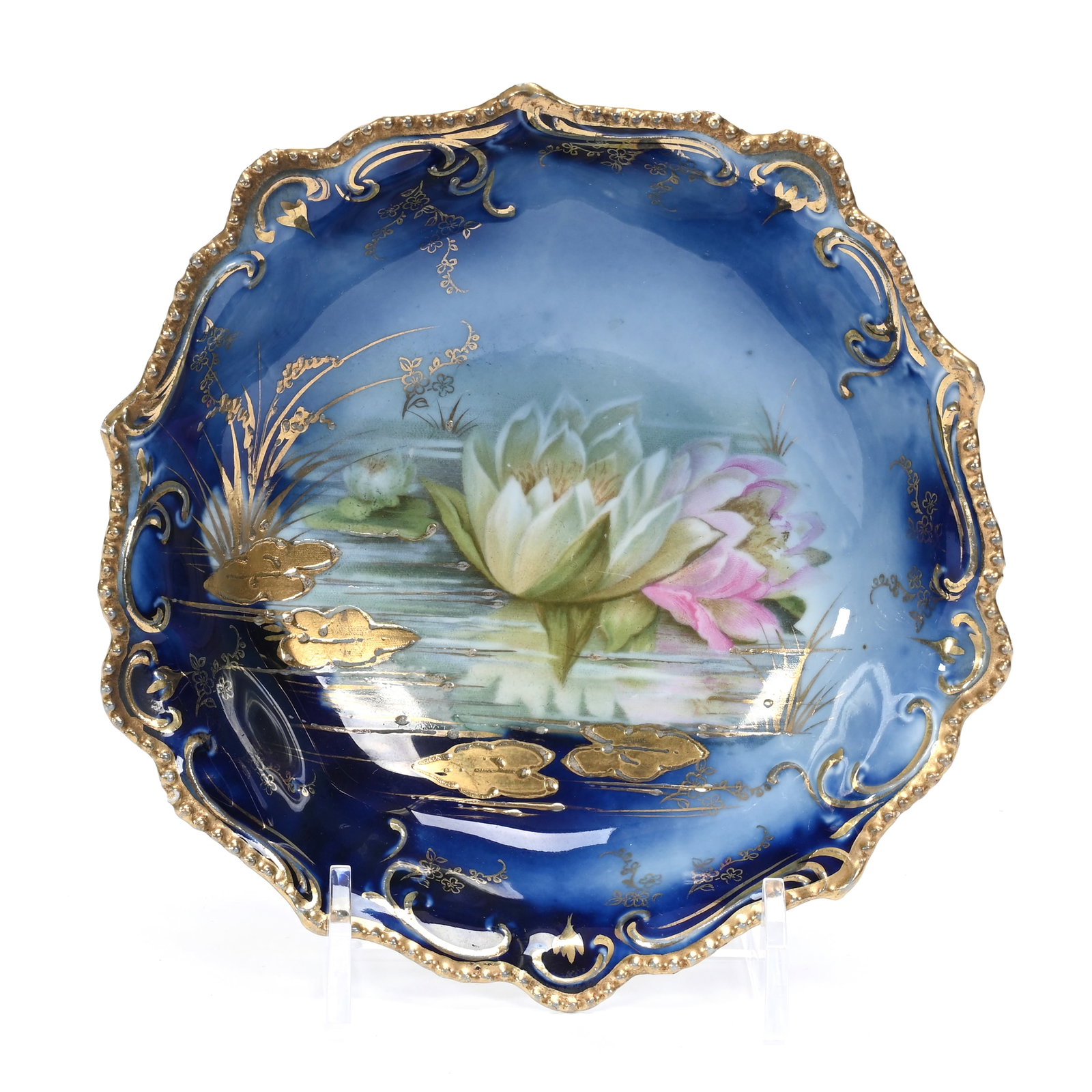 Berry Bowl Marked R.S. Prussia: Berry Bowl Marked R.S. Prussia, 5.5", Cobalt Blue, Waterlily Decor, Nice Gold Highlights, Lee & Carol Marple Collection.