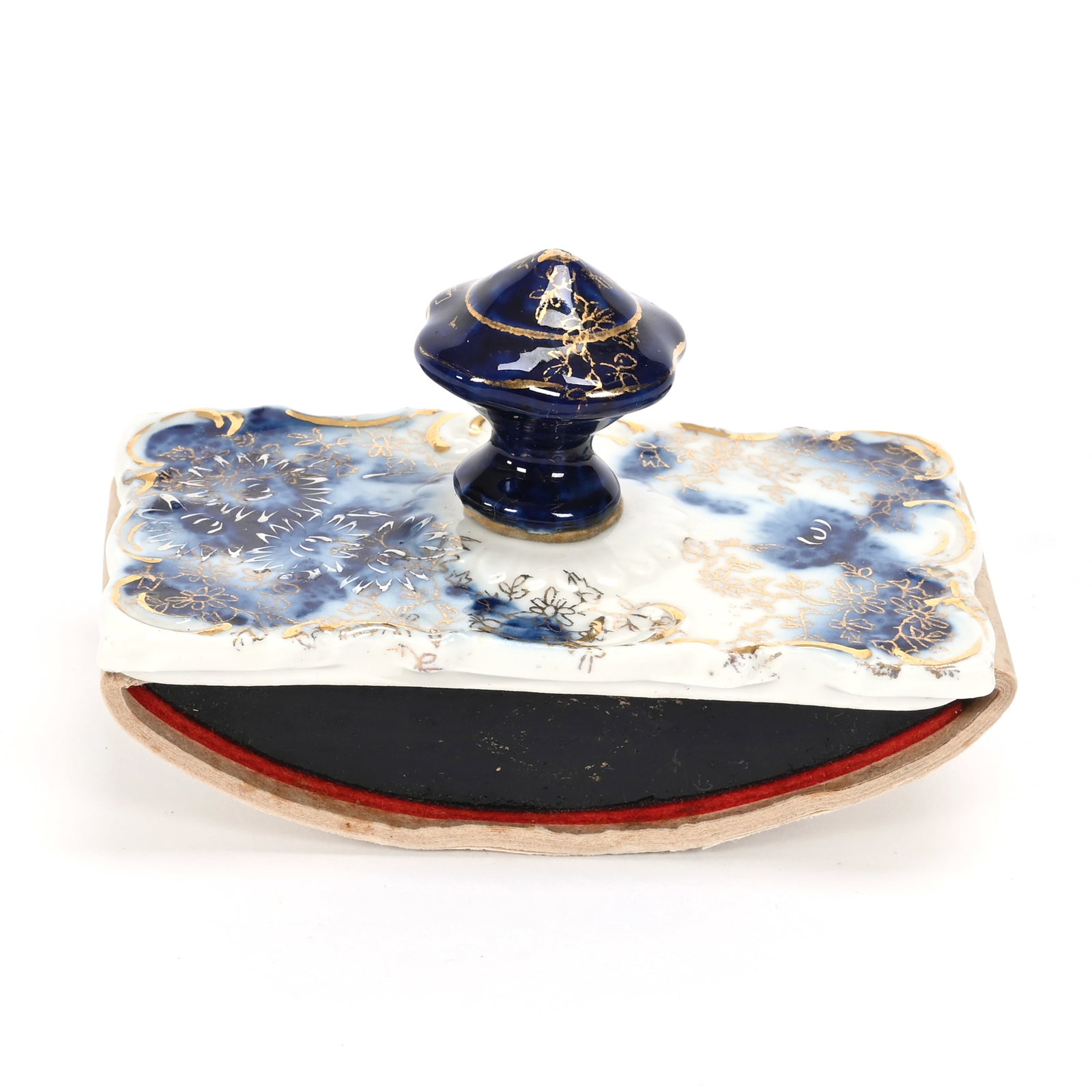 Ink Blotter, Unmarked R.S. Prussia: Ink Blotter, Unmarked R.S. Prussia, 2.75" x 4.25" x 2.5", Cobalt Blue And White, Gold Stencil Highlights, Lee & Carol Marple Collection.