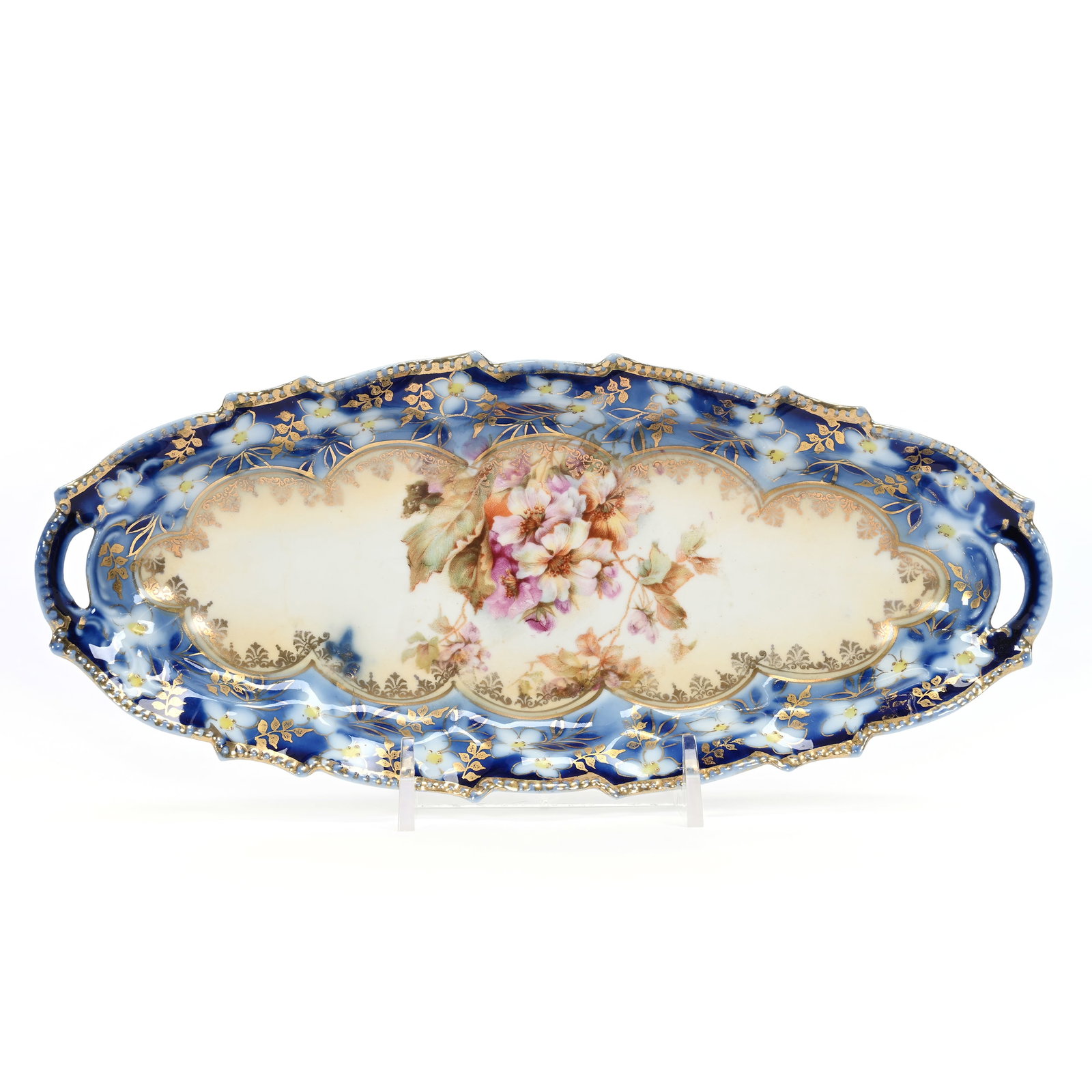 Relish Tray, Unmarked R.S. Prussia: Relish Tray, Unmarked R.S. Prussia, 9.25" x 4", Mold #343, White And Cream Tones, Wild Poppy Decor, Cobalt Blue Border, Base Nick, Lee & Carol Marple Collection.