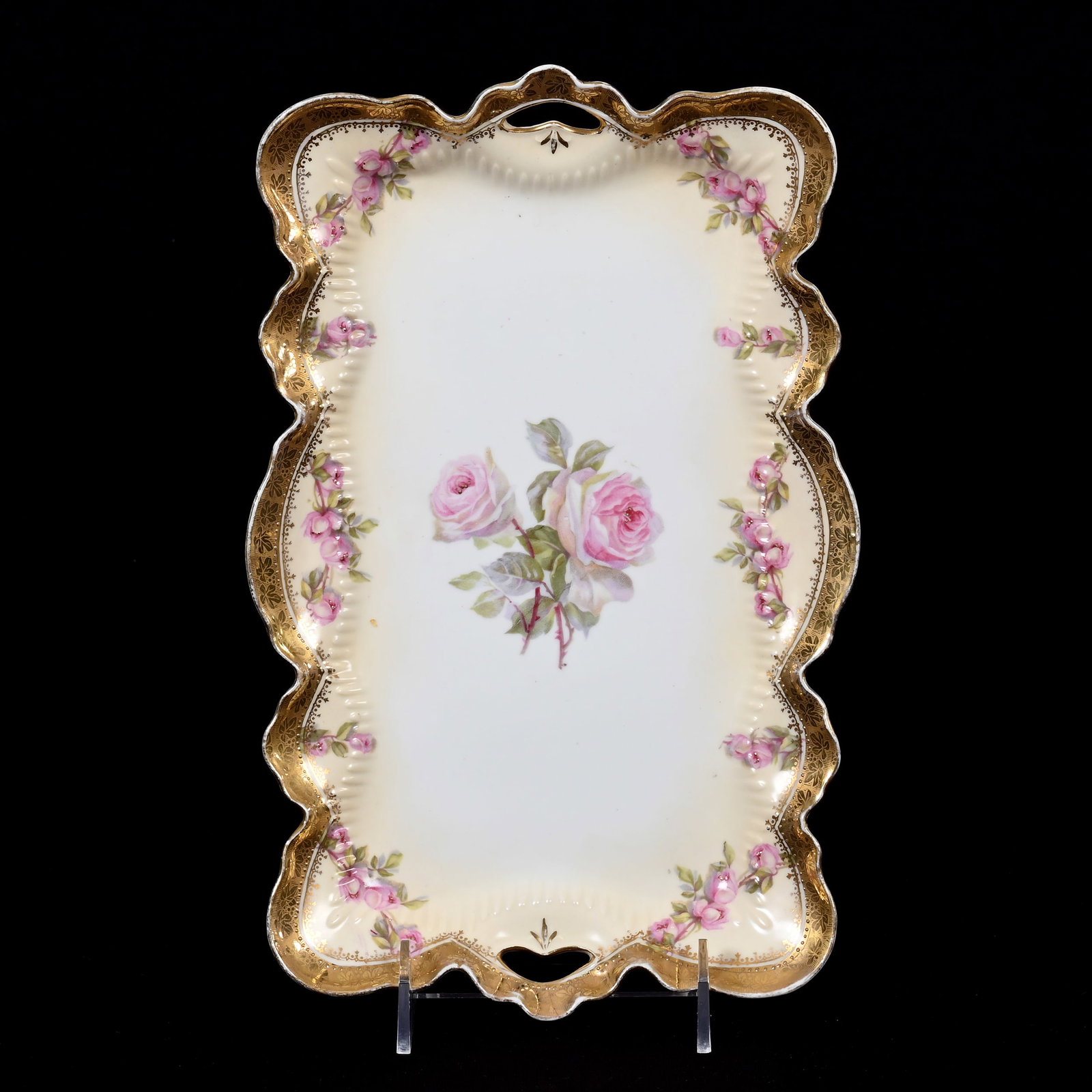 Dresser Tray Marked R.S. Prussia: Dresser Tray Marked R.S. Prussia, 11.75" x 7.5", Cream And White Tones, Pink Rose Decor, Heavy Gold Border, Lee & Carol Marple Collection.