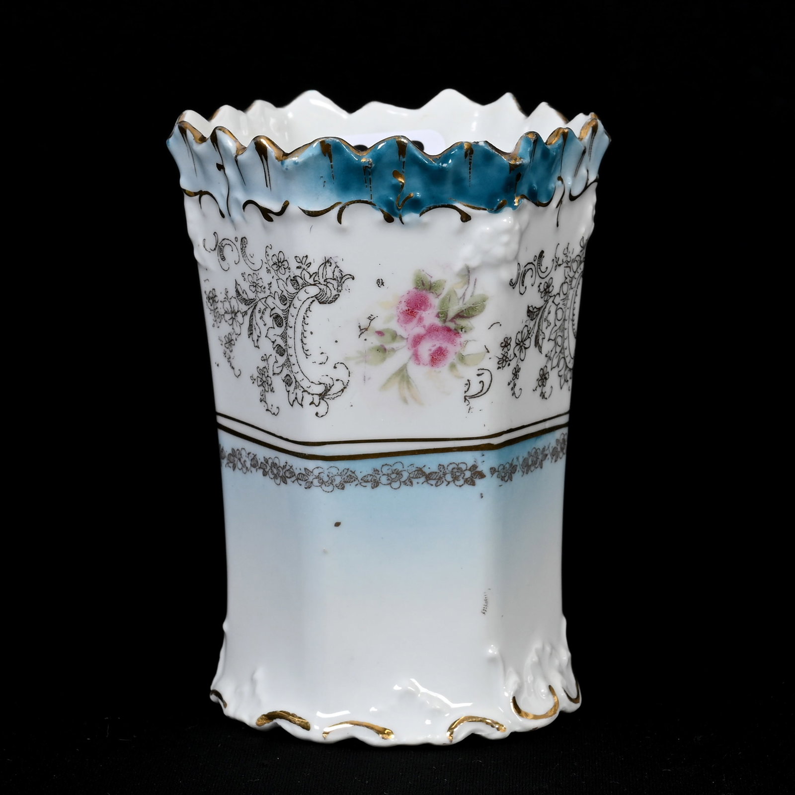 Toothbrush Holder, Unmarked R.S. Prussia: Toothbrush Holder, Unmarked R.S. Prussia, 4.25" x 3", Blue And White, Pink Rose Decor, Six-Sided, Rim Chip, Lee & Carol Marple Collection.