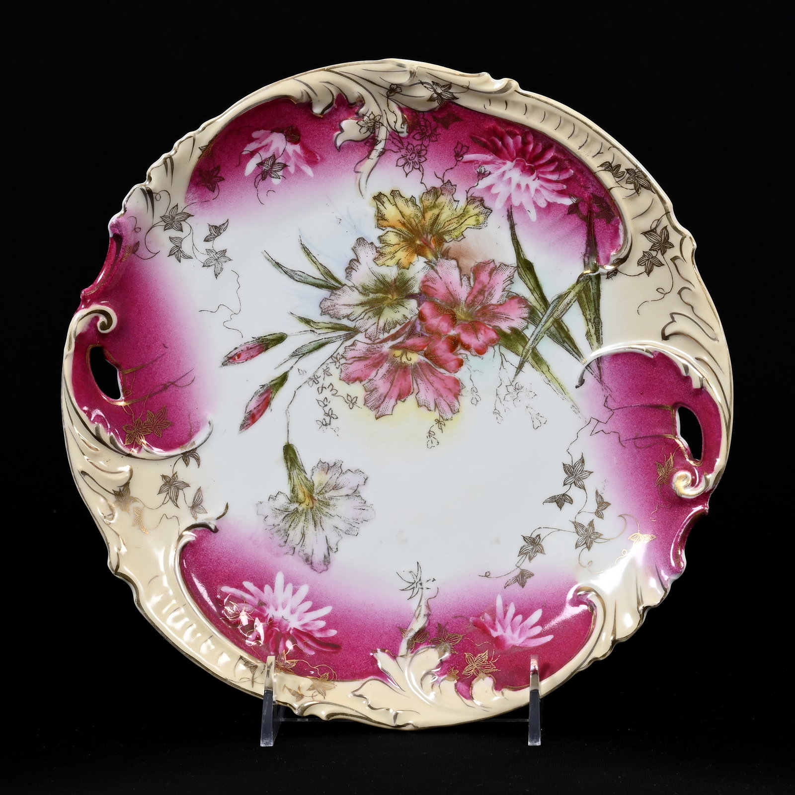 Cake Plate, Unmarked R.S. Prussia: Cake Plate, Unmarked R.S. Prussia, 9.5", White, Pink And Cream Tones, Floral Decor, Gold Stencil Highlights, Lee & Carol Marple Collection.