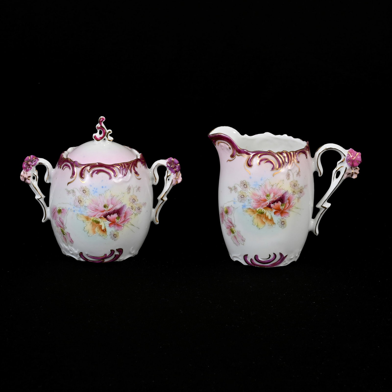 Creamer & Sugar Set, Unmarked R.S. Prussia: Creamer & Sugar Set, Unmarked R.S. Prussia, 4.25" x 5", Pink, White And Maroon Tones, Colorful Floral Decor, Lee & Carol Marple Collection.