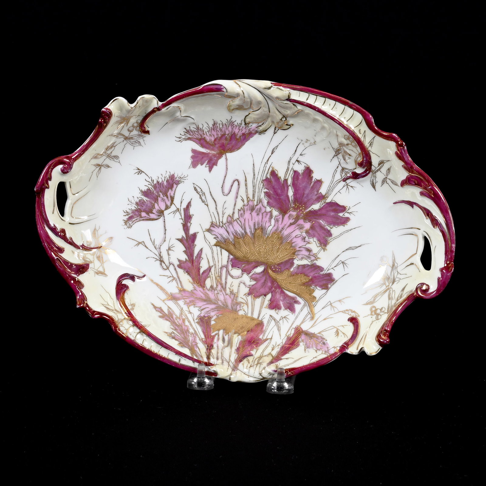 Bread Bowl, Unmarked R.S. Prussia: Bread Bowl, Unmarked R.S. Prussia, 12" x 8.5", White, Yellow And Maroon Luster, Stylized Floral Decor, Gold Stencil Highlights, Lee & Carol Marple Collection.