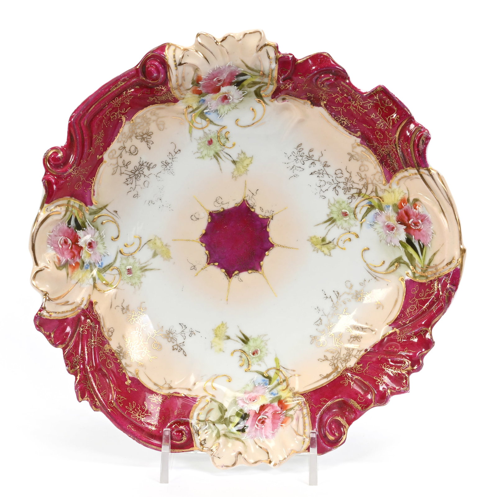 Bowl Marked Old Vienna Germany: Bowl Marked Old Vienna Germany, 7.75", White And Peach Tones, Colorful Floral Decor, Dark Pink Border, Gold Stencil Highlights, Lee & Carol Marple Collection.