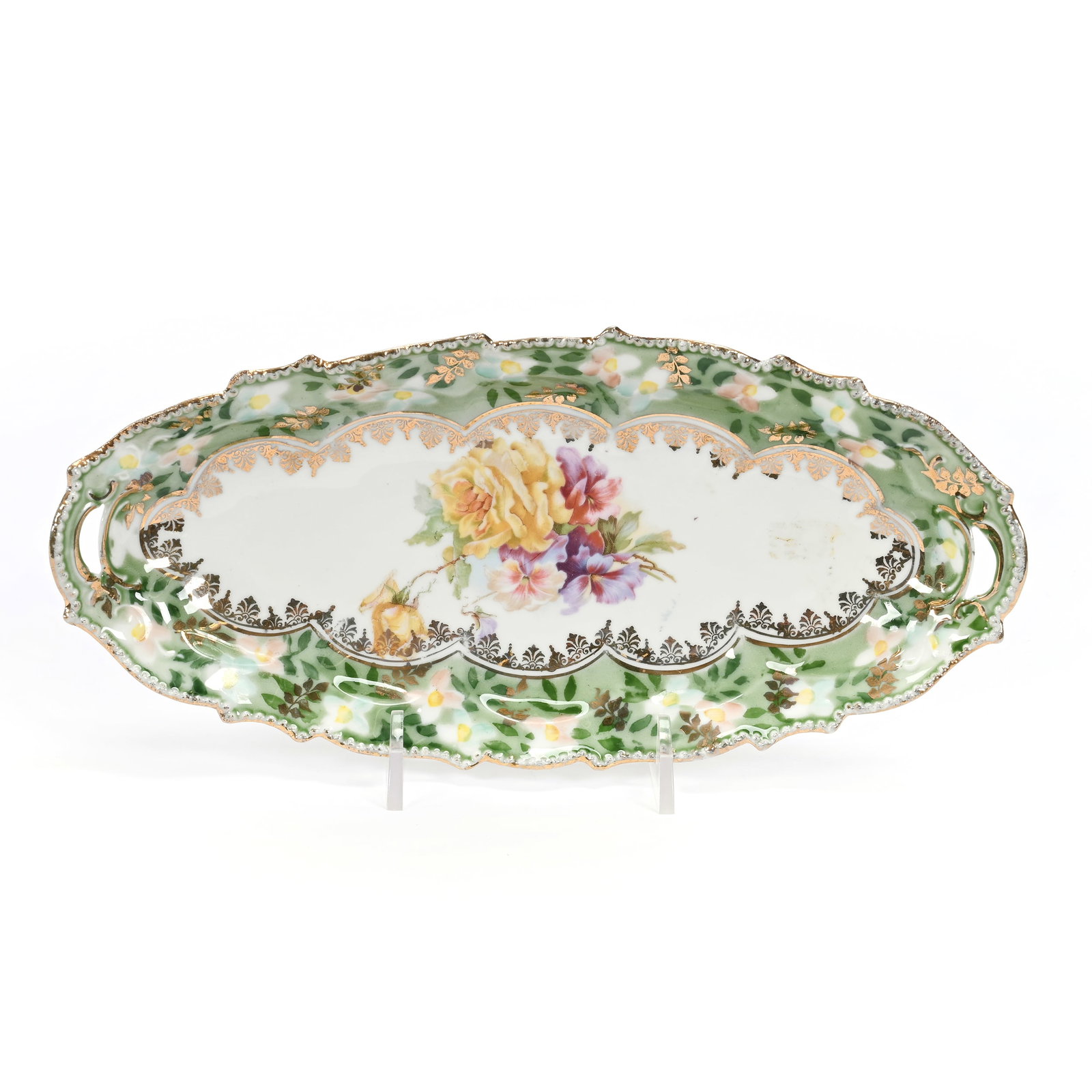 Relish Tray, Unmarked R.S. Prussia: Relish Tray, Unmarked R.S. Prussia, 9.25" x 4.25", Mold #343, White With Green Border, Floral Decor, Gold Trim Highlights, Lee & Carol Marple Collection.
