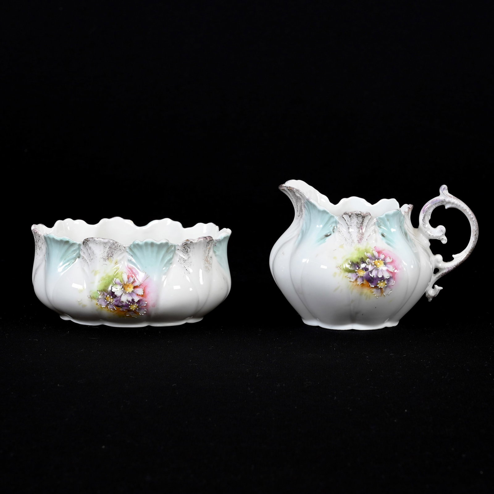 Creamer & Open Sugar, Unmarked R.S. Prussia: Creamer & Open Sugar, Unmarked R.S. Prussia, 2.75" x 4", Blue And White Tones, Colorful Floral Decor, Lee & Carol Marple Collection.