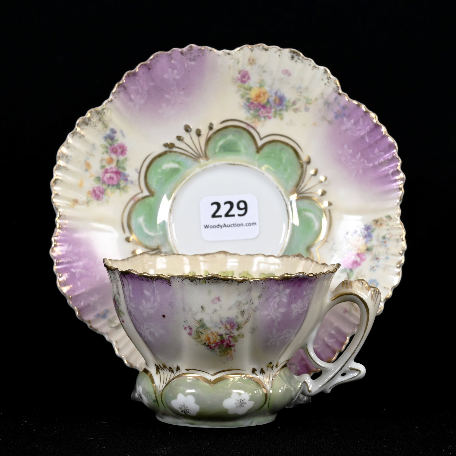 Cup & Saucer, Unmarked R.S. Prussia: Cup & Saucer, Unmarked R.S. Prussia, 2.5" x 5.5", Cream, Green And Lavender Tones, Colorful Floral Decor, Lee & Carol Marple Collection.