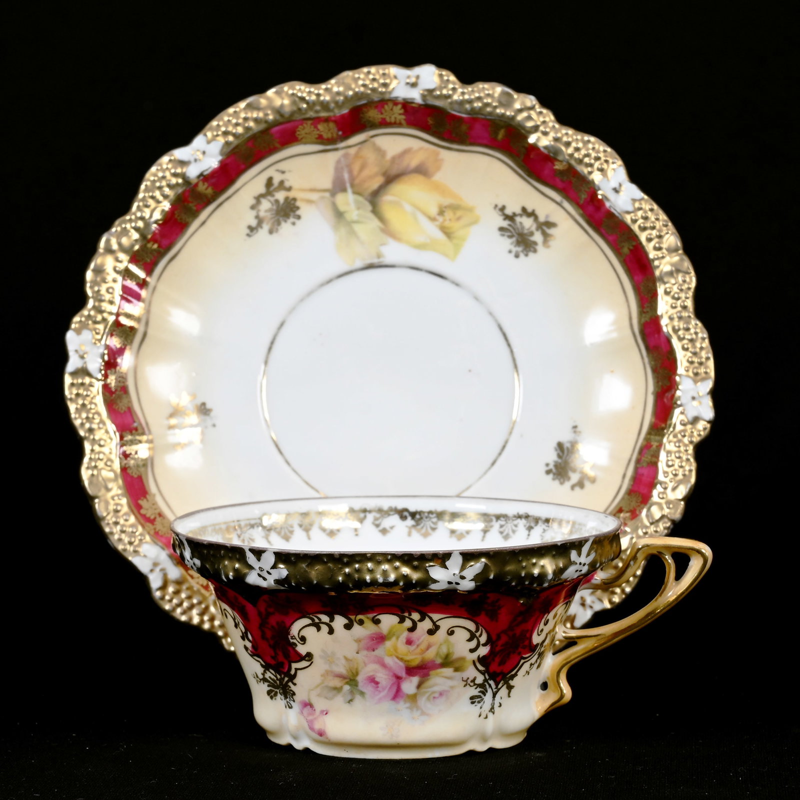 Coffee Cup/Saucer, Unmarked R.S. Prussia: Coffee Cup/Saucer, Unmarked R.S. Prussia, 2.25" x 6", Cream Tones, Red Border, Rose Decor, Heavy Gold Trim, Lee & Carol Marple Collection.
