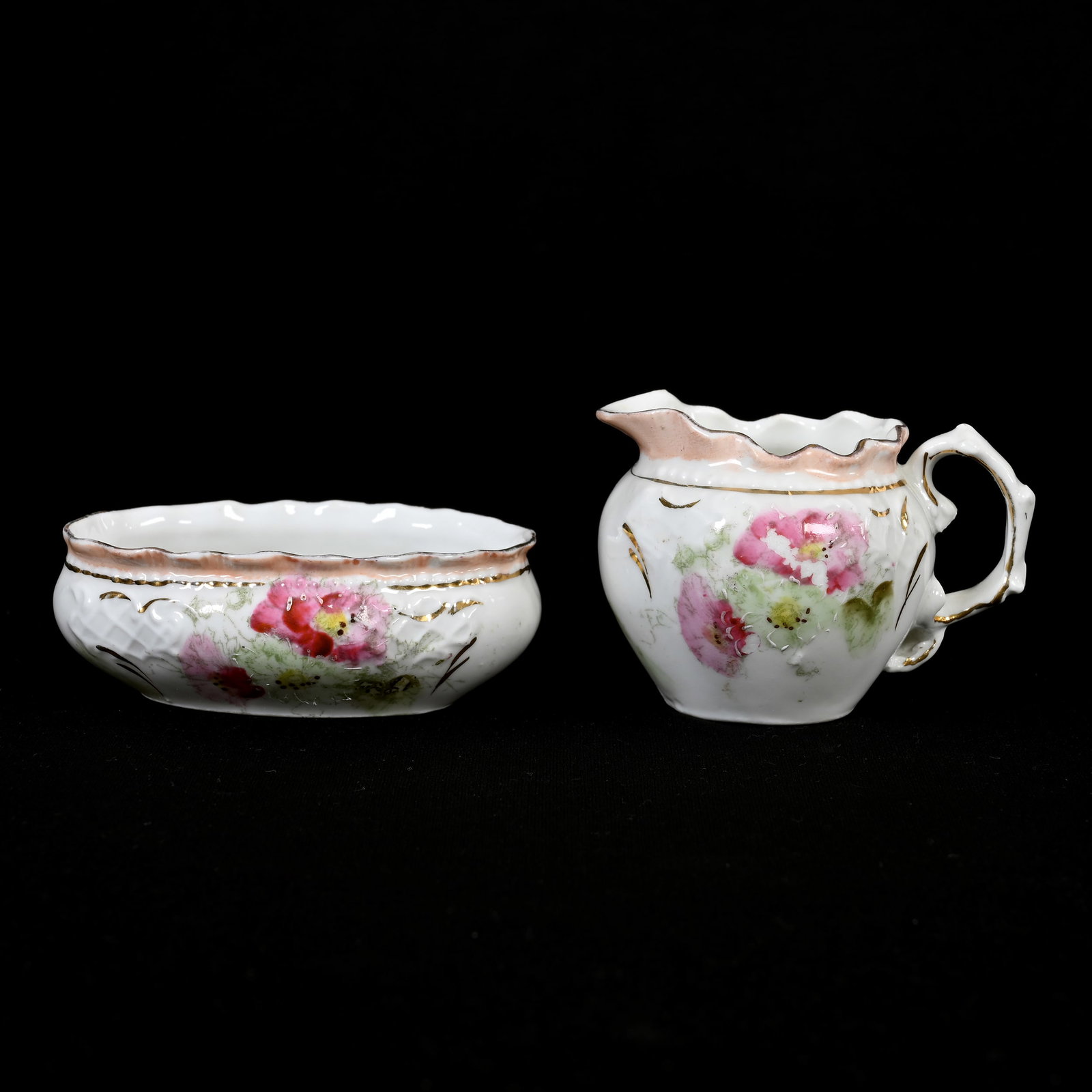 Creamer & Open Sugar Set, Unmarked R.S. Prussia: Creamer & Open Sugar Set, Unmarked R.S. Prussia, 2" x 3.5", Small Size, White With Pink Border, Colorful Floral Decor, Lee & Carol Marple Collection.