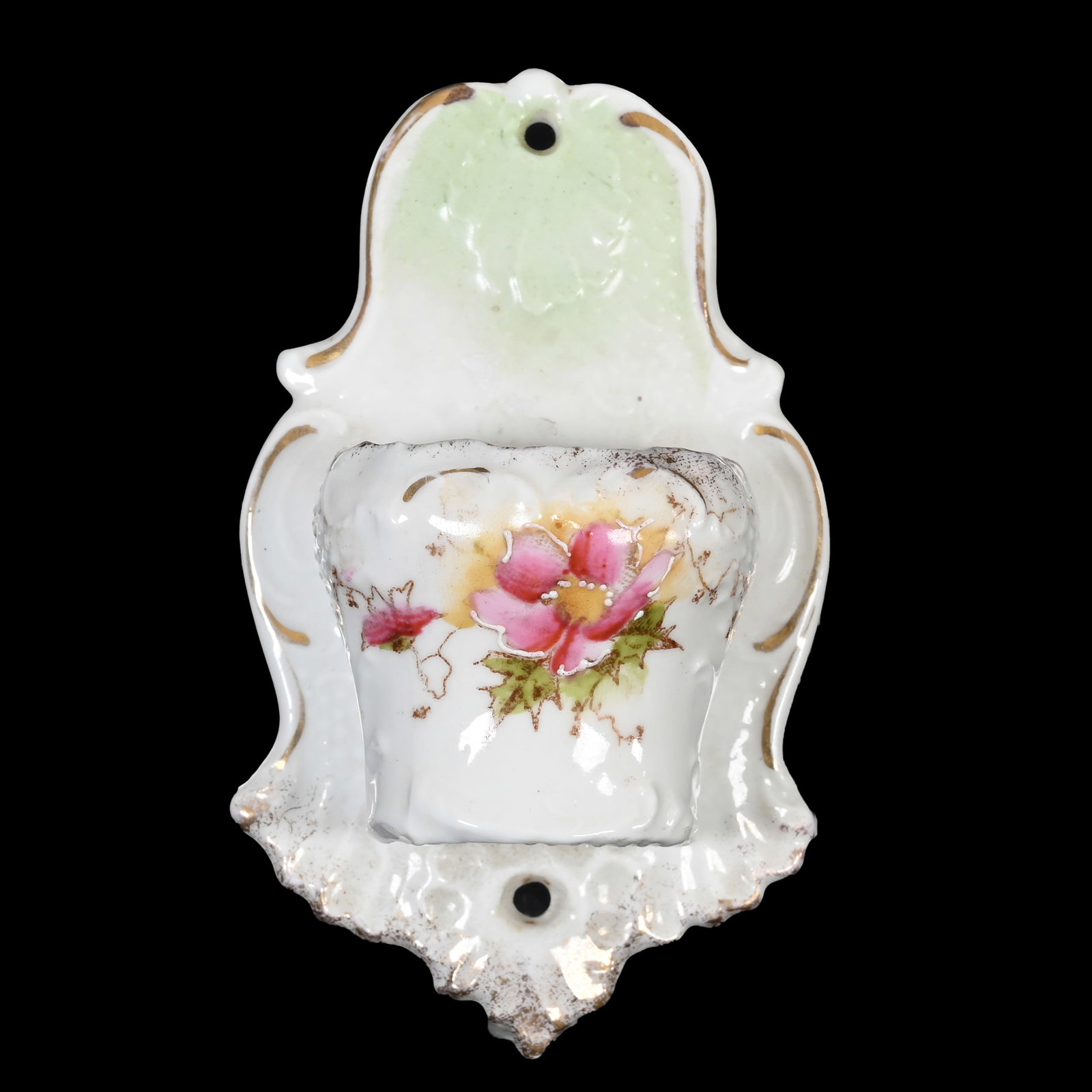 Hanging Match Holder With Striker, Unmarked Prussia: Hanging Match Holder With Striker, Unmarked Prussia, 4" x 2.5", Green And White, Pink Floral Decor, Lee & Carol Marple Collection.