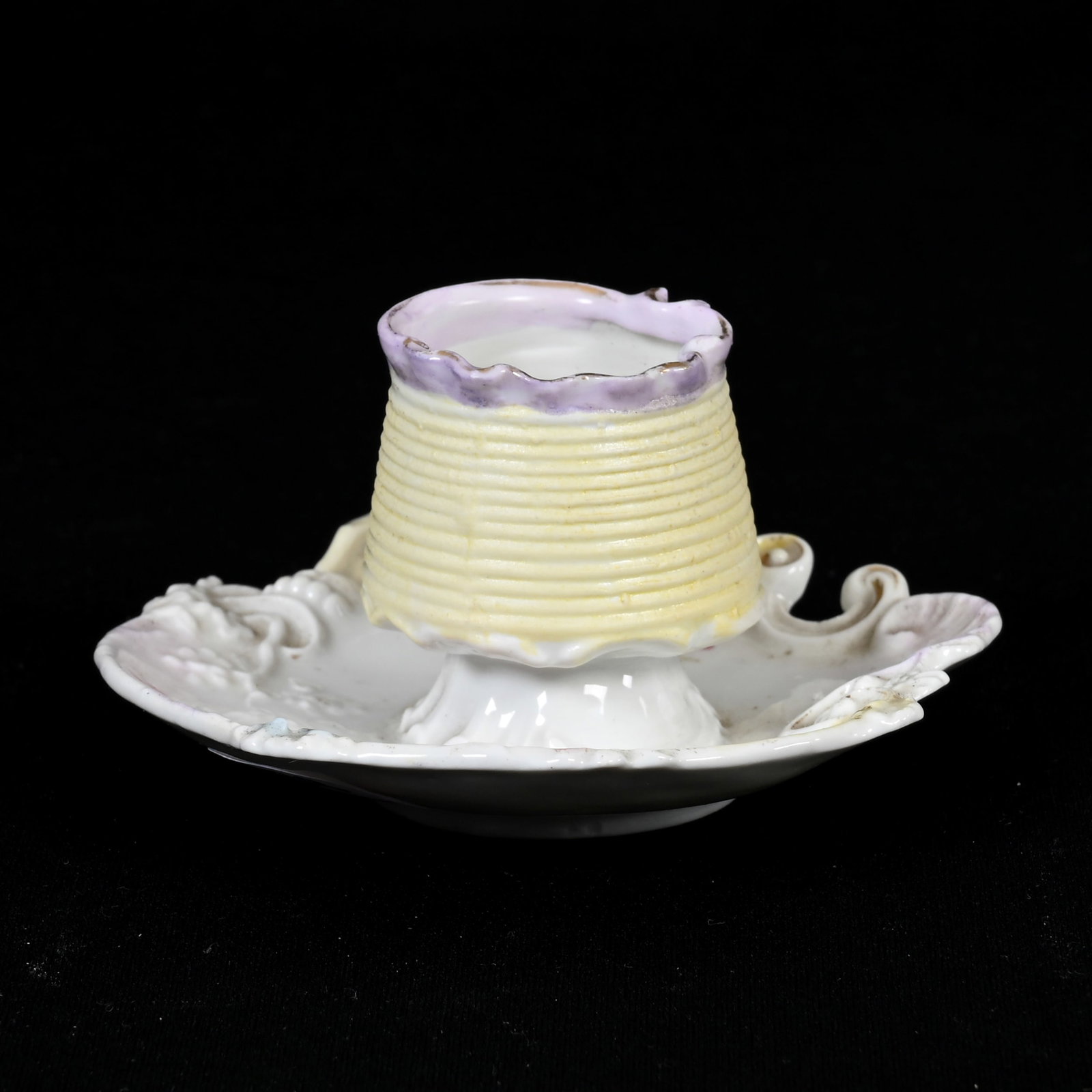 Pedestal Match Holder With Striker, Unmarked Prussia: Pedestal Match Holder With Striker, Unmarked Prussia, 2" x 3.75", White, Yellow And Lavender, Floral Decor, Unique Mold, Lee & Carol Marple Collection.