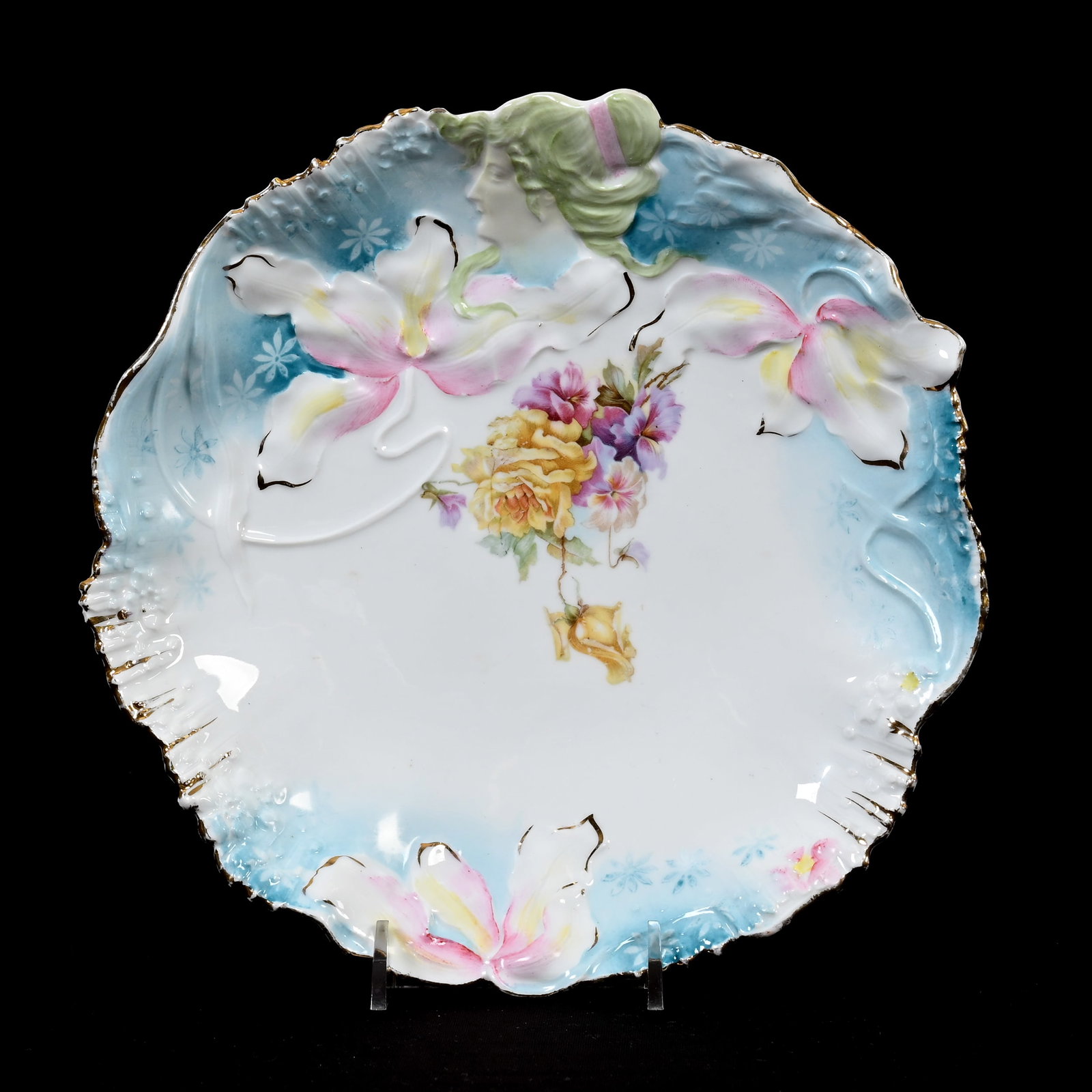 Plate, Unmarked R.S. Prussia: Plate, Unmarked R.S. Prussia, 8.5", Hidden Image Mold, Blue And White, Floral Decor, Lee & Carol Marple Collection.