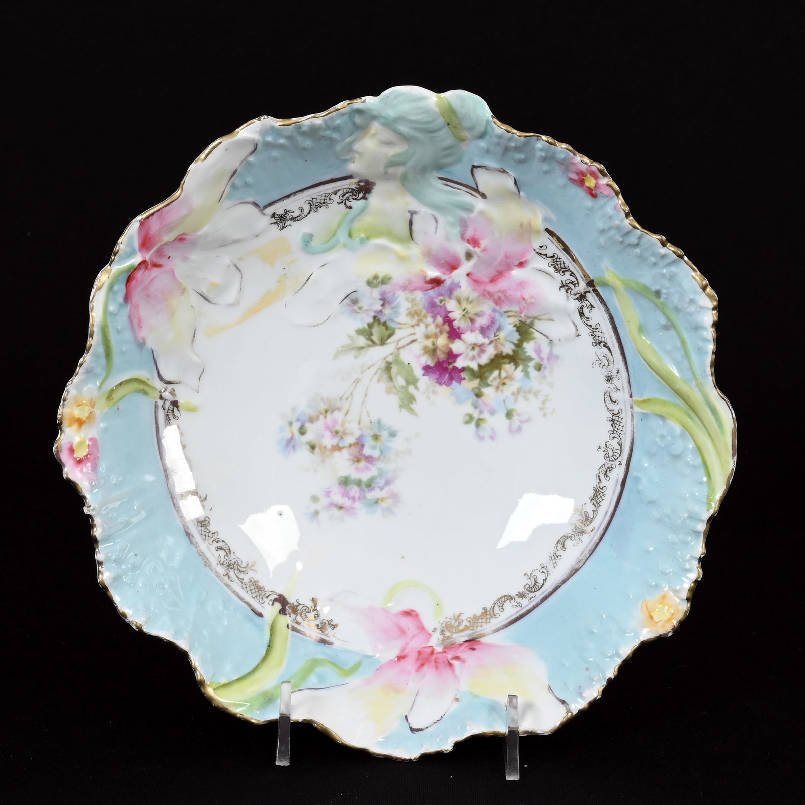 Bowl, Unmarked R.S. Prussia: Bowl, Unmarked R.S. Prussia, 7.5", Hidden Image Mold, Blue And White, Floral Decor, Lee & Carol Marple Collection.