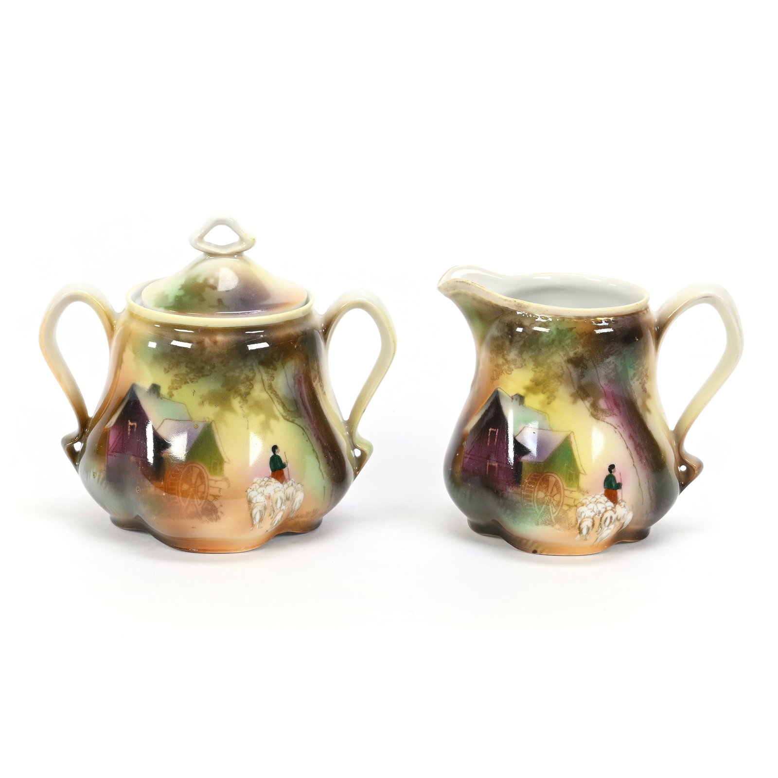 Creamer & Sugar Set Marked B.T. Germany: Creamer & Sugar Set Marked B.T. Germany, 4.25" x 4.75", Stylized Sheepherder Decor, Lee & Carol Marple Collection.