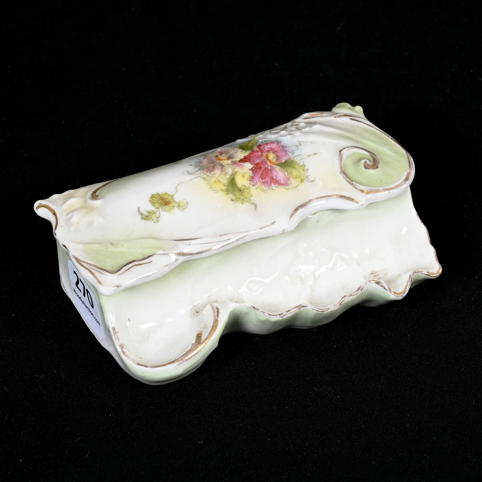 Match Box, Attached Tray With Striker, Unmarked: Match Box, Attached Tray With Striker, Unmarked, 1.75" x 4.25" x 2.5", White And Green, Floral Decor, Lee & Carol Marple Collection.