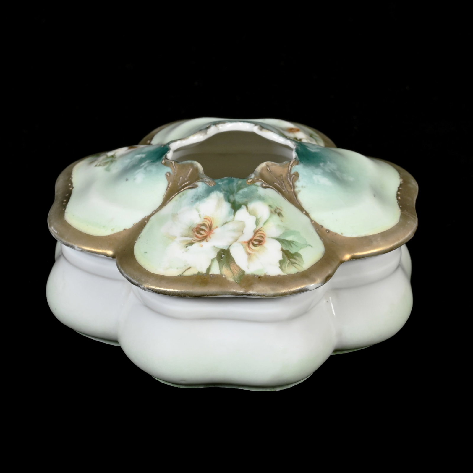 Hair Receiver, Unmarked R.S. Prussia: Hair Receiver, Unmarked R.S. Prussia, 2" x 4.25", Clover Mold, Green And White Tones, White Floral Decor, Gold Trim, Lee & Carol Marple Collection.