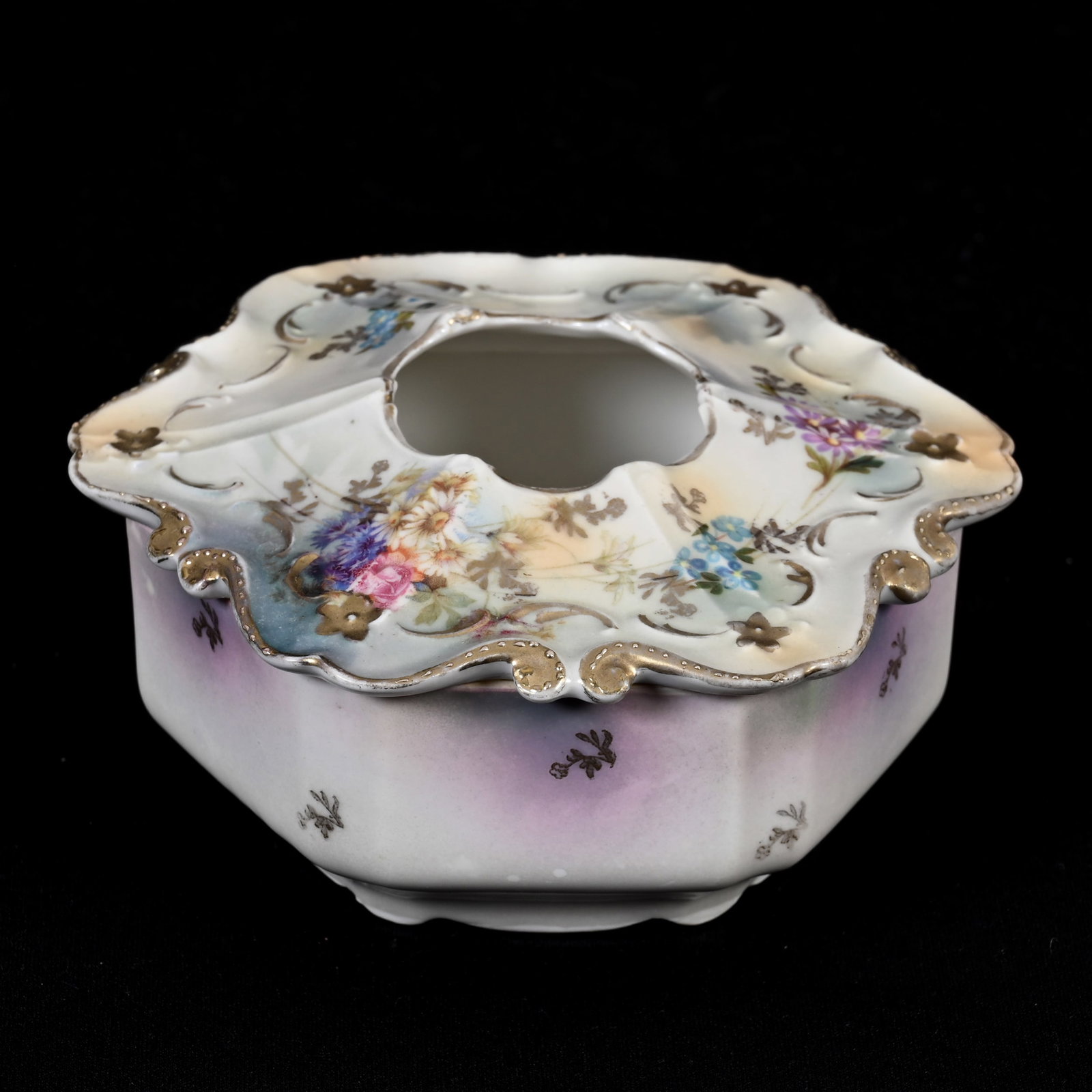 Hair Receiver Marked R.S. Prussia: Hair Receiver Marked R.S. Prussia, 2.25" x 4.5", White, Lavender & Blue Satin Finish, Floral Decor, Gold Trim Highlights, Six-Sided, Lee & Carol Marple Collection.