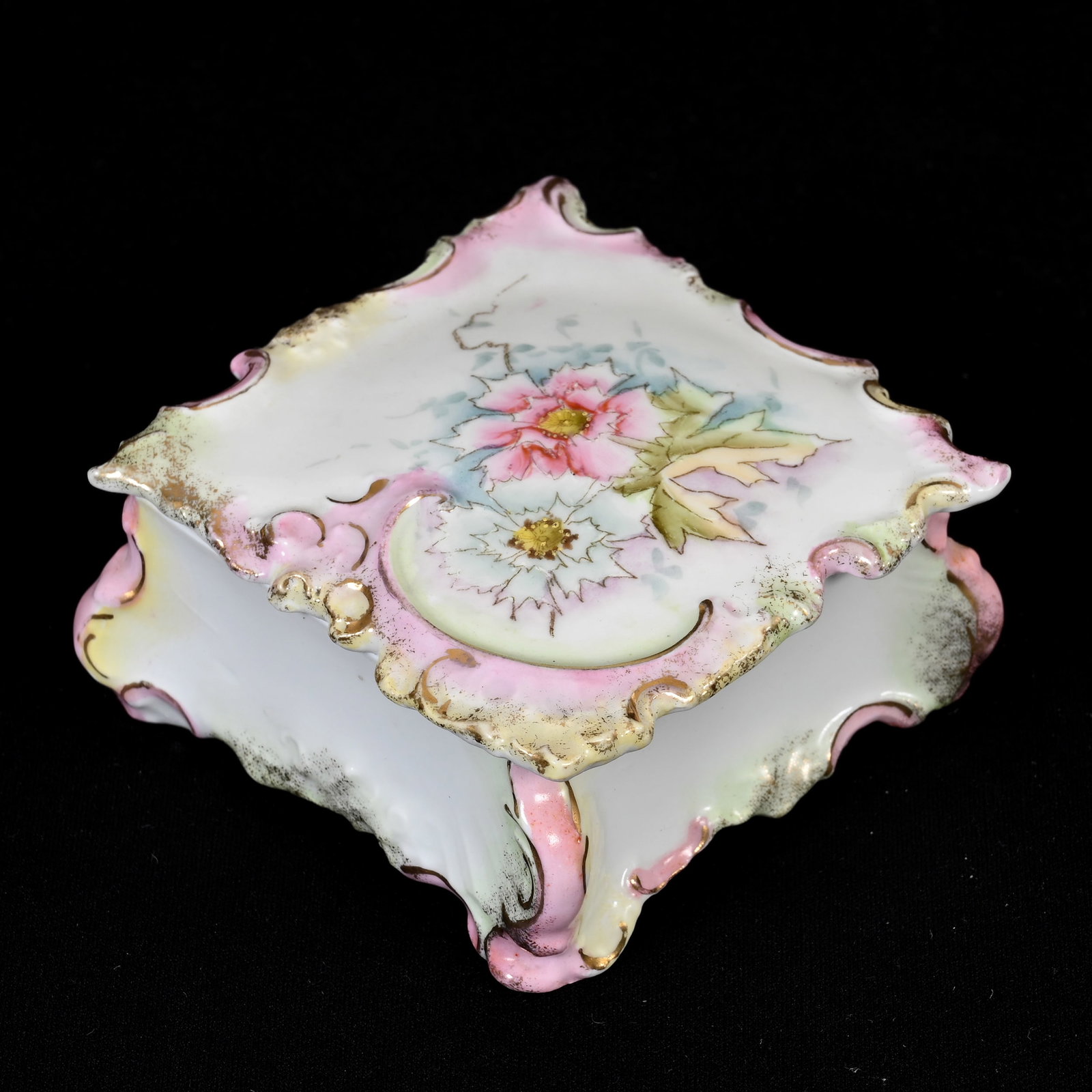 Square Box, Unmarked R.S. Prussia: Square Box, Unmarked R.S. Prussia, 1.75" x 3.25", White, Green, Yellow And Pink Tones, Floral Decor, Lee & Carol Marple Collection.