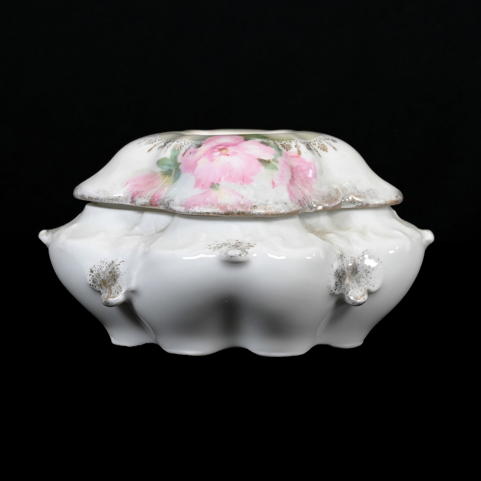 Hair Receiver, Unmarked R.S. Prussia: Hair Receiver, Unmarked R.S. Prussia, 2.25" x 3.5", White Luster Finish With Pink Floral Decor, Light Green Trim Highlights, Lee & Carol Marple Collection.