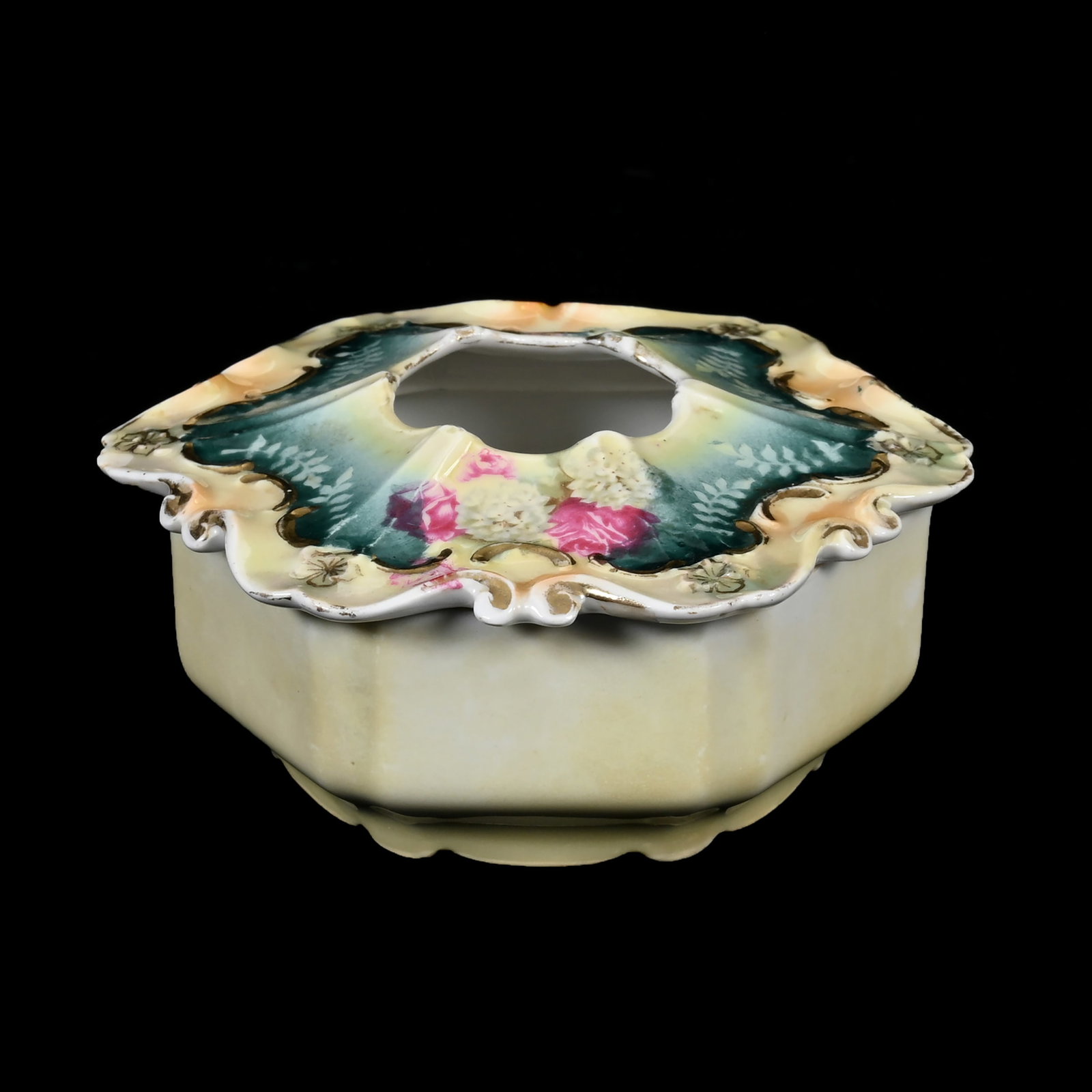 Hair Receiver Marked R.S. Prussia: Hair Receiver Marked R.S. Prussia, 2.25" x 4.5", Six-Sided, Yellow Luster With Green Trim, Snowball And Rose Decor, Lee & Carol Marple Collection.