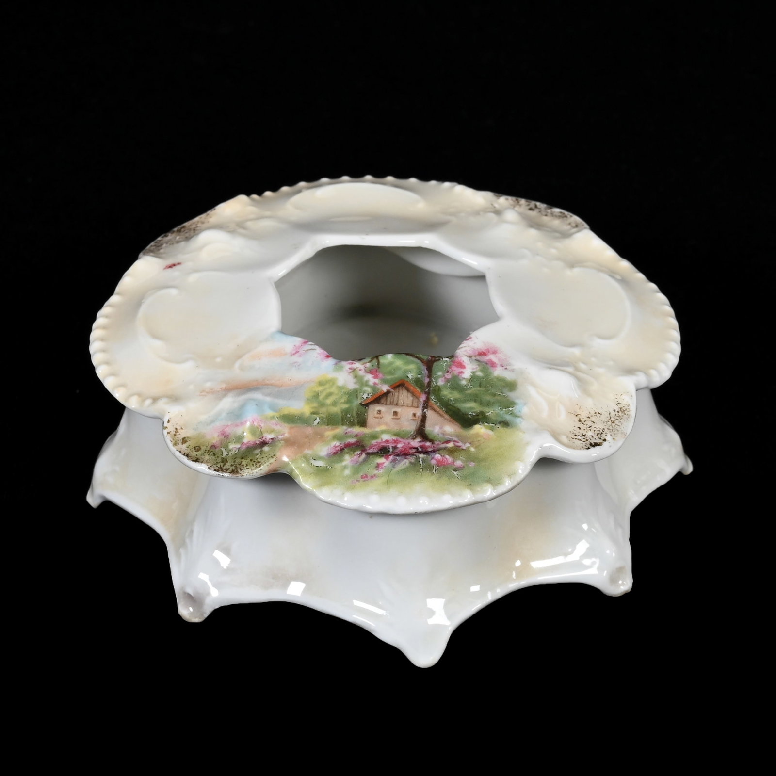 Hair Receiver, Unmarked R.S. Prussia: Hair Receiver, Unmarked R.S. Prussia, 1.5" x 3.75", Cream And White Luster Finish, Sheepherder Scenic Decor, Lee & Carol Marple Collection.