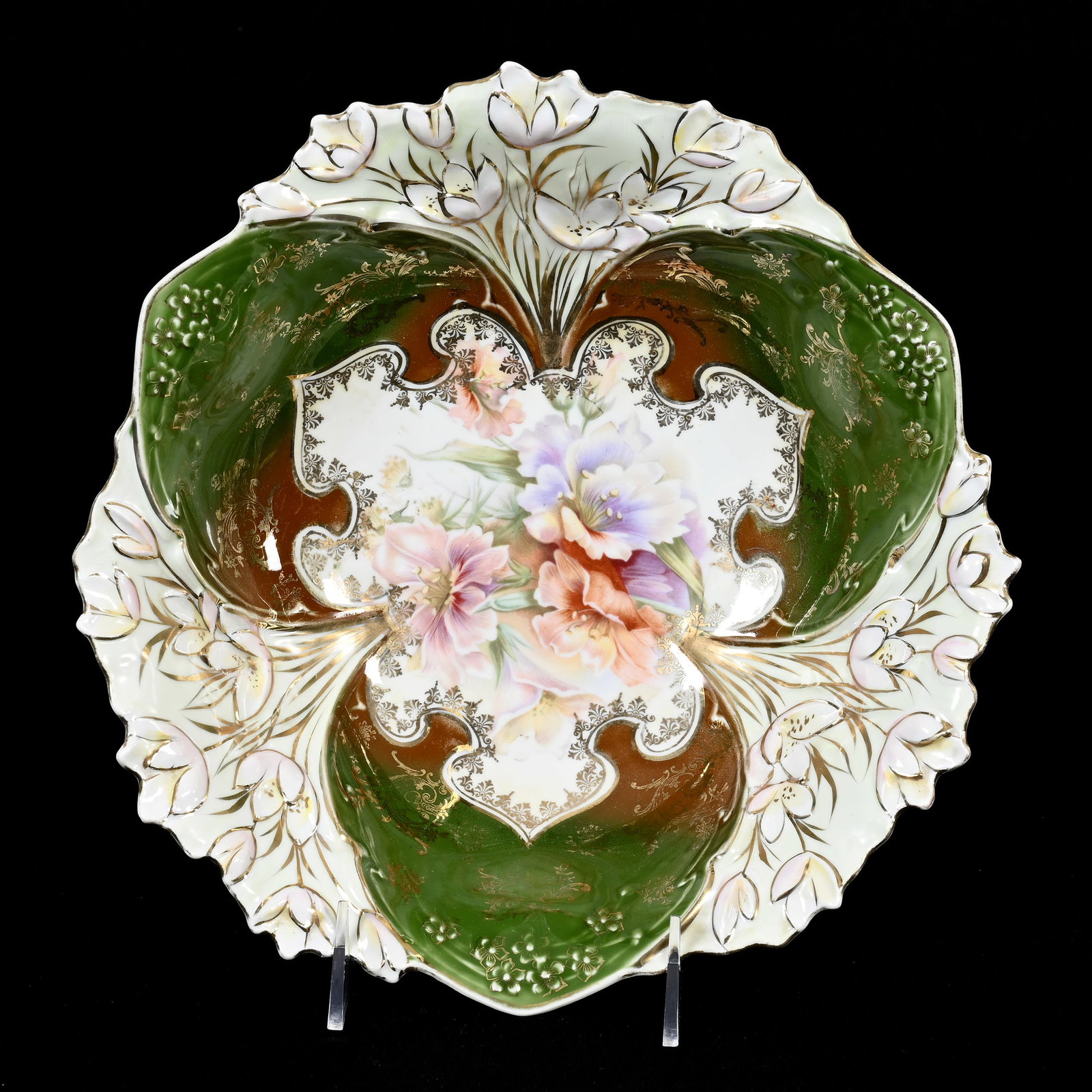 Bowl, Unmarked R.S. Prussia: Bowl, Unmarked R.S. Prussia, 12.5", White And Yellow, Green And Brown Domes, Floral Decor, Gold Stencil Highlights, Lee & Carol Marple Collection.