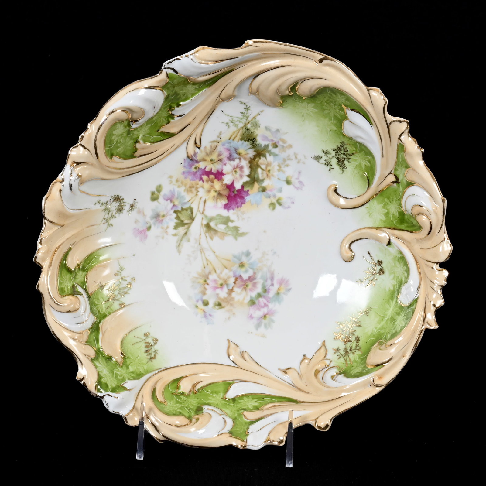 Bowl, Unmarked R.S. Prussia: Bowl, Unmarked R.S. Prussia, 10.25", White, Green And Cream Tones, Wild Floral Decor, Lee & Carol Marple Collection.