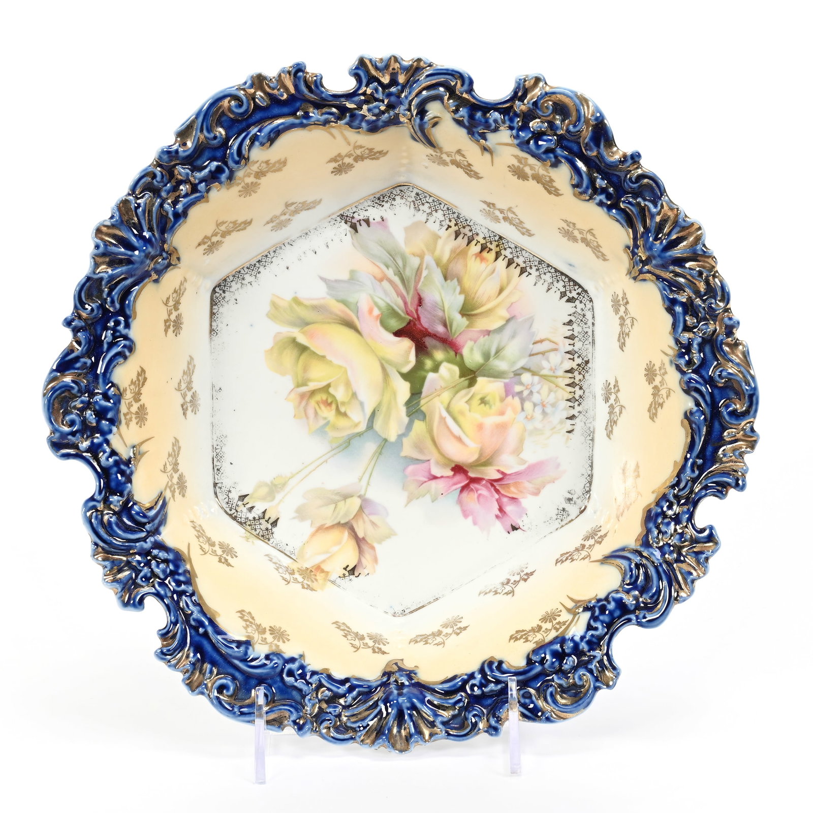 Bowl, Unmarked R.S. Prussia: Bowl, Unmarked R.S. Prussia, 10.5", Six-Sided, White And Cream, Yellow Rose Decor, Nice Cobalt Blue Border, Gold Highlights, Some Interior Wear To Gold Stencil, Lee & Carol Marple Collection.