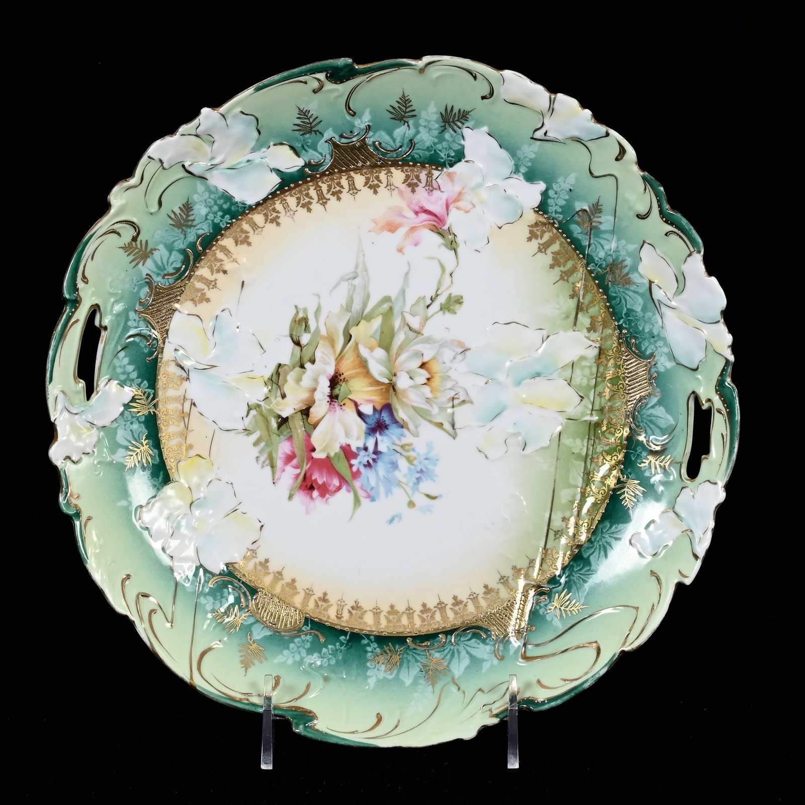 Cake Plate, Unmarked R.S. Prussia: Cake Plate, Unmarked R.S. Prussia, 10.5", White, Cream And Green Tones, Wild Floral Decor, Gold Stencil Highlights, Lee & Carol Marple Collection.