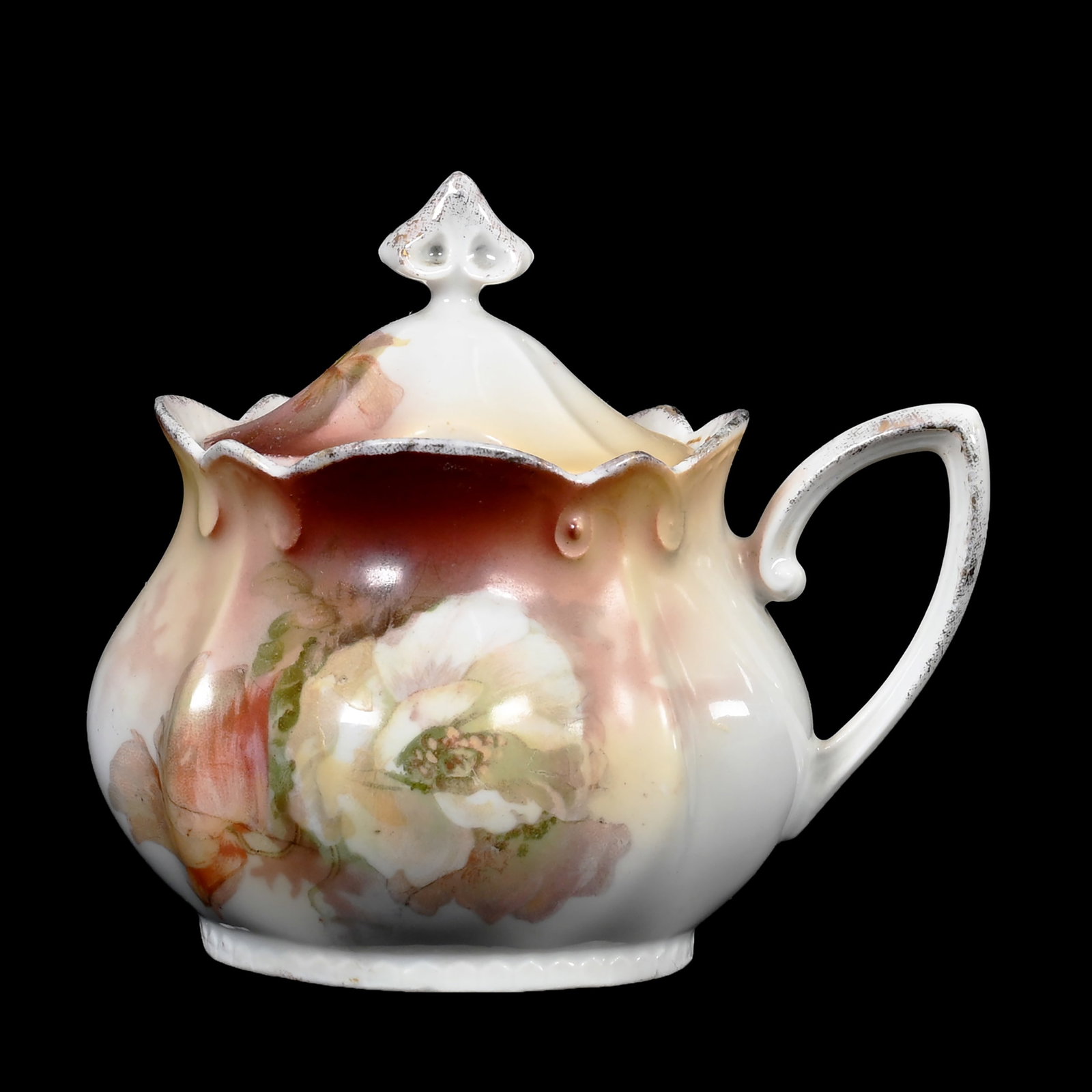 Mustard Jar, Unmarked R.S. Prussia: Mustard Jar, Unmarked R.S. Prussia, 3.25" x 3.75", Brown And White Tones, Poppy Decor, Lee & Carol Marple Collection.