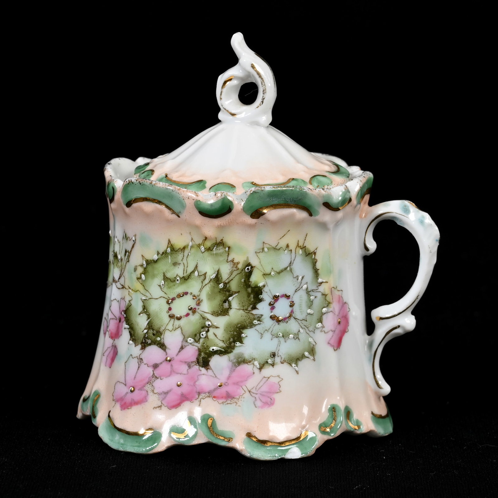 Mustard Jar, Unmarked R.S. Prussia: Mustard Jar, Unmarked R.S. Prussia, 3.25" x 2.75", Peach, White And Green, Floral Decor, Lee & Carol Marple Collection.