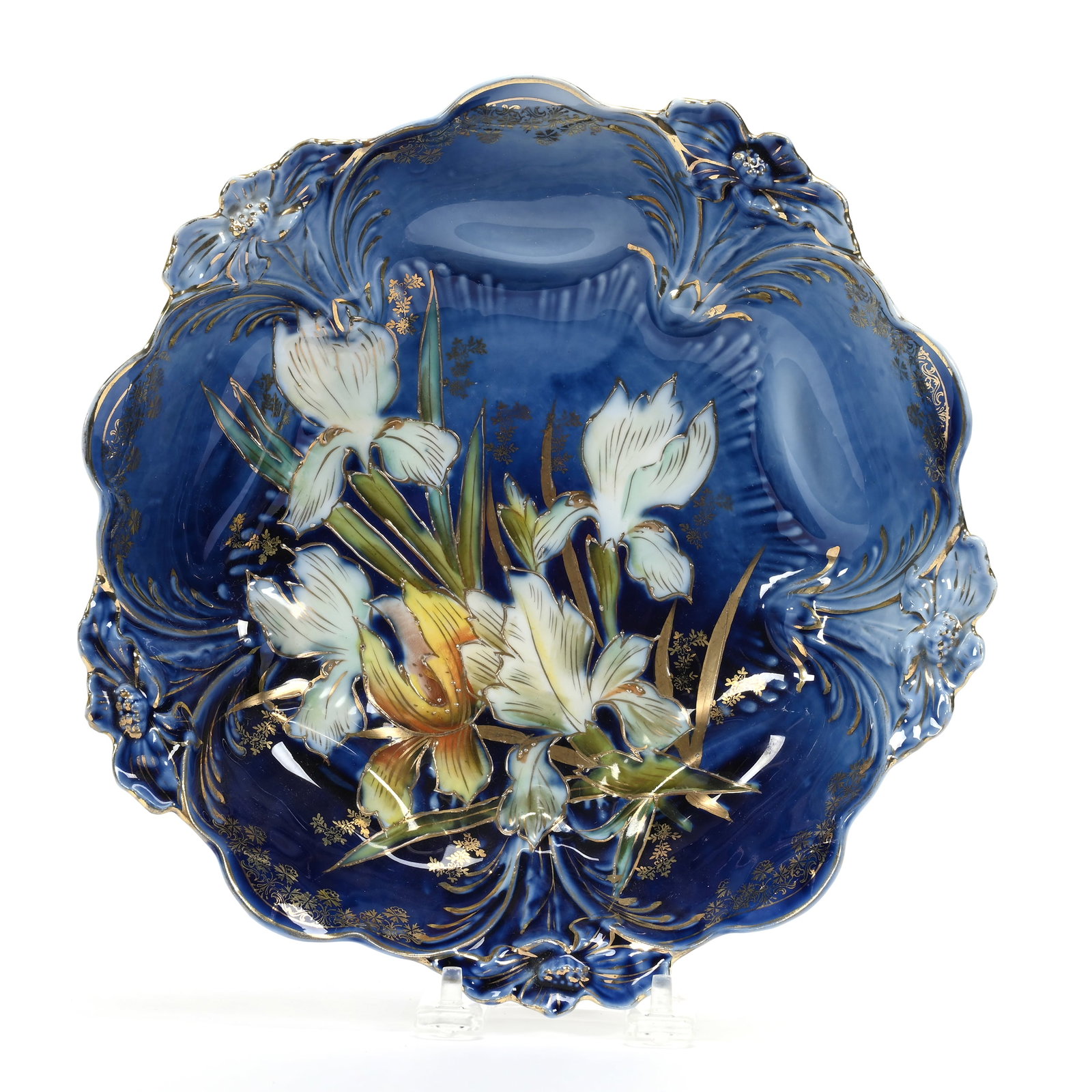 Bowl, Unmarked R.S. Prussia: Bowl, Unmarked R.S. Prussia, 10", Lily Mold, Cobalt Blue With Stylized Iris Decor, Gold Stencil Highlights, Lee & Carol Marple Collection.