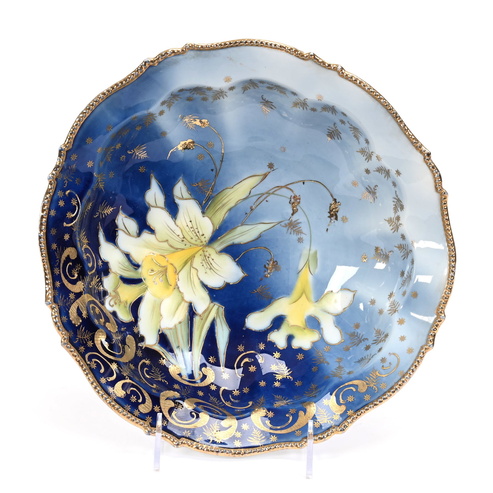 Bowl Marked Saxe Altenburg: Bowl Marked Saxe Altenburg, 10.25", Cobalt Blue With Daffodil Decor, Nice Gold Trim Highlights, Lee & Carol Marple Collection.