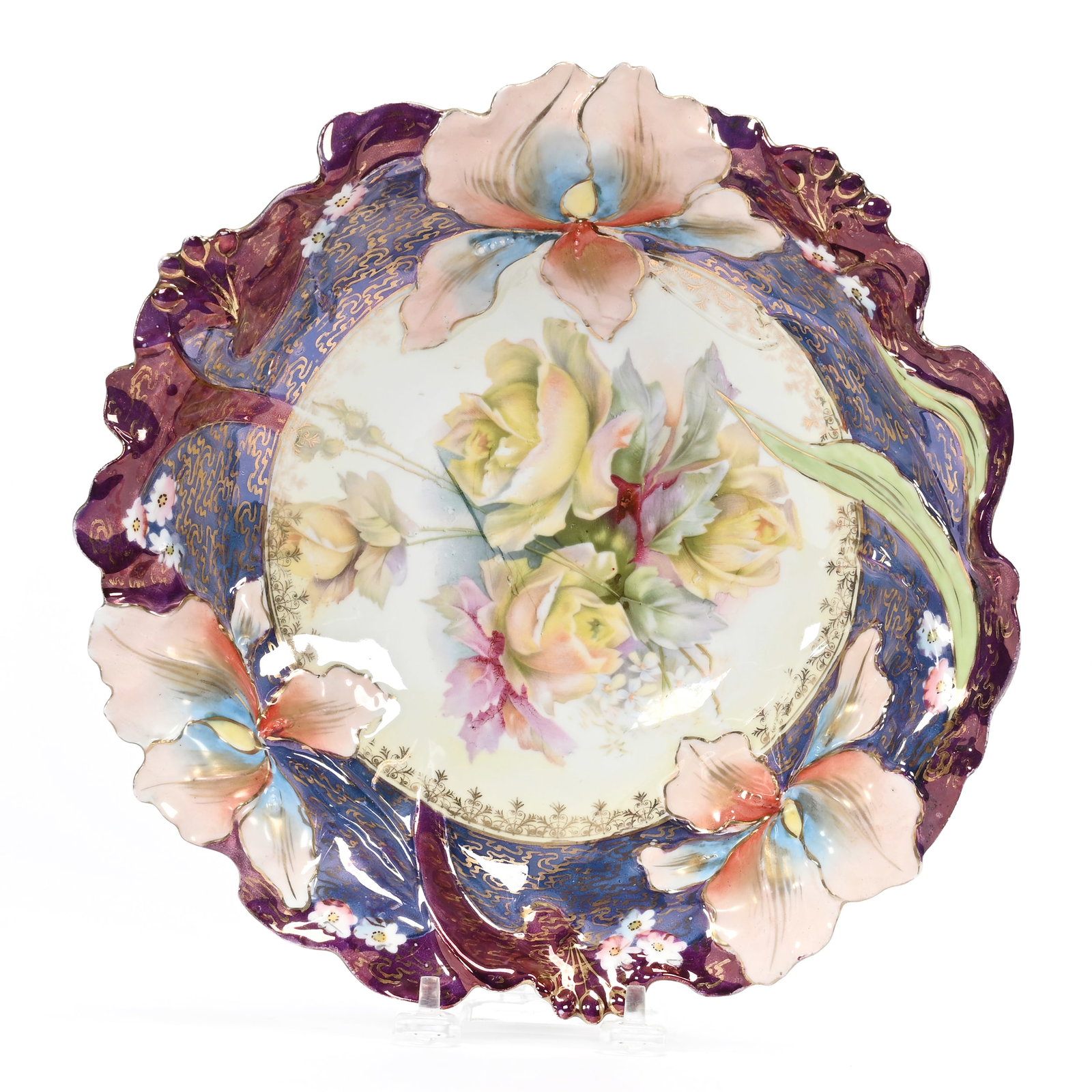 Bowl, Unmarked R.S. Prussia: Bowl, Unmarked R.S. Prussia, 10.5", Iris Variation Mold, White And Yellow Center, Yellow Rose Decor, Iridescent Blue And Maroon Border, Gold Stencil Highlights, Lee & Carol Marple Collection.
