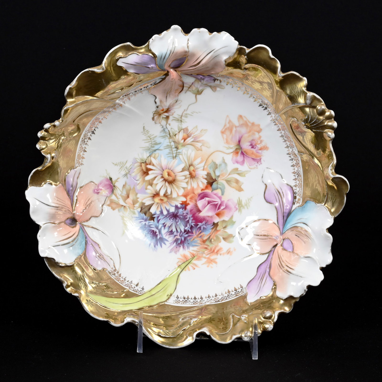 Bowl, Unmarked R.S. Prussia: Bowl, Unmarked R.S. Prussia, 10.5", Iris Variation Mold, White With Wild Floral Decor, Heavy Gold Border, Lee & Carol Marple Collection.