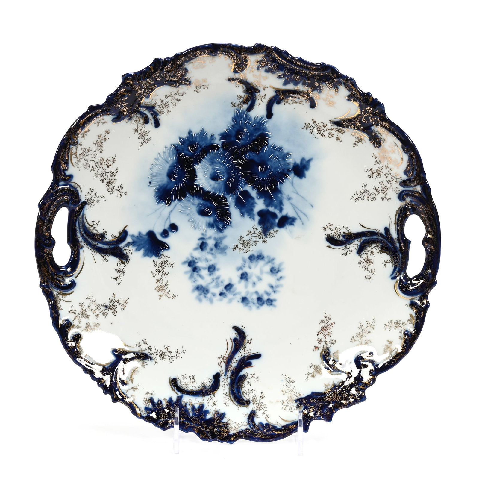 Cake Plate, Unmarked R.S. Prussia: Cake Plate, Unmarked R.S. Prussia, 12", White And Cobalt Blue, Floral Decor, Gold Stencil Highlights, Lee & Carol Marple Collection.