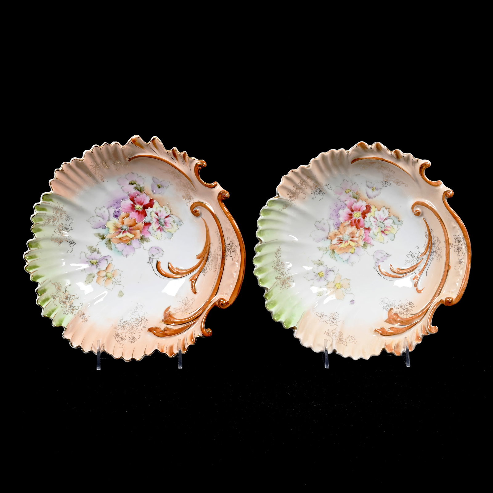 Pair Bowls, Unmarked Early Prussia: Pair Bowls, Unmarked Early Prussia, 10", Both Are White, Peach, Green And Brown Tones, Colorful Floral Decor, Lee & Carol Marple Collection.