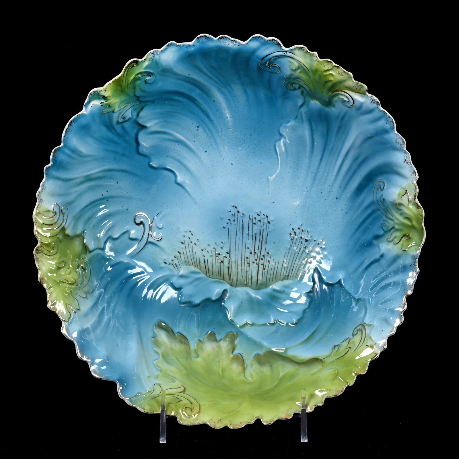 Bowl, Unmarked R.S. Prussia: Bowl, Unmarked R.S. Prussia, 10.5", Elaborate Floral Mold, Blue And Green Tones, Gold Stencil Highlights, Lee & Carol Marple Collection.